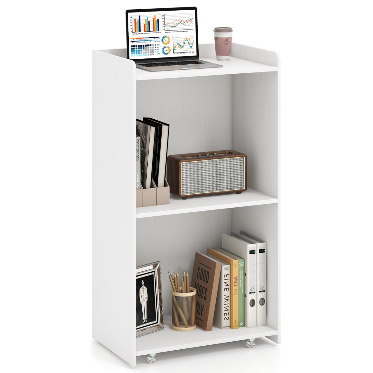 Rolling Lectern Stand with 2 Storage Shelves and 4 Universal Casters-White