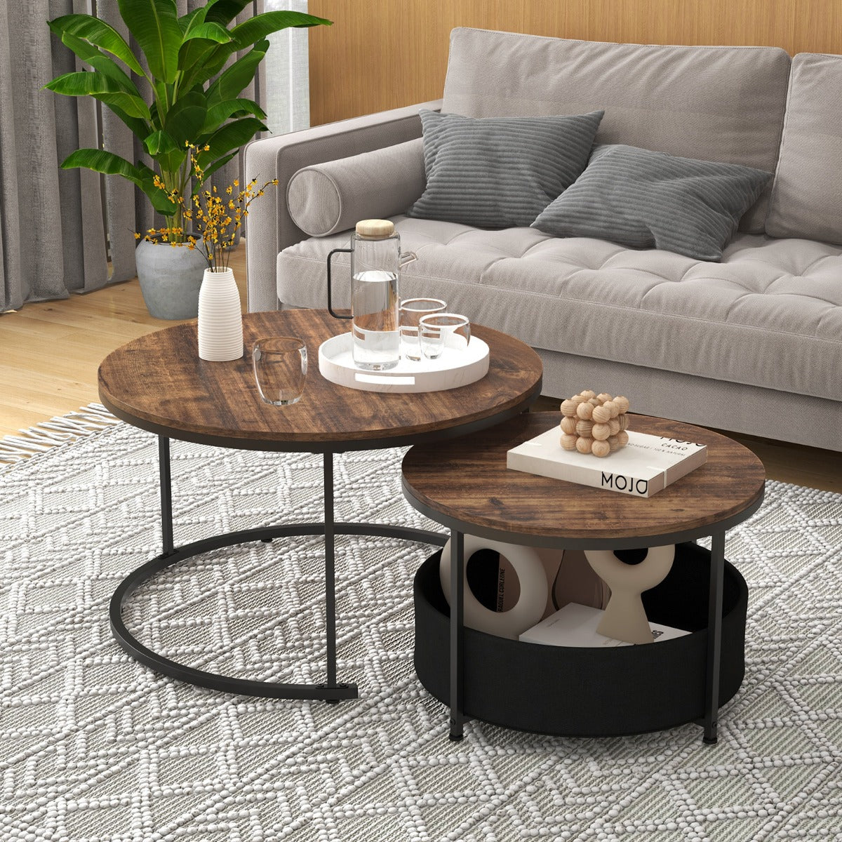 Round Coffee Table Set of 2 Circle Cocktail Table with Storage Basket-Rustic Brown