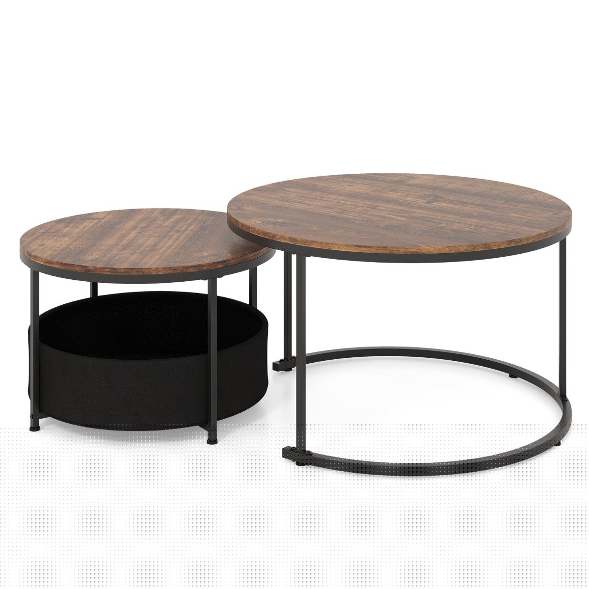 Round Coffee Table Set of 2 Circle Cocktail Table with Storage Basket-Rustic Brown