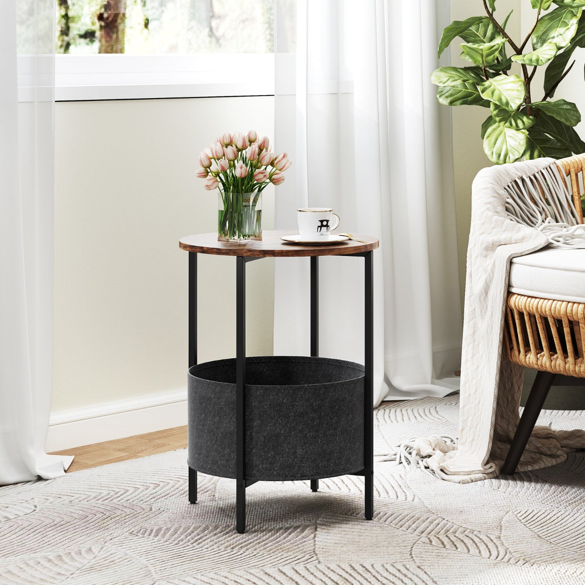 Round End Table for Small Space with Removable Fabric Basket and Metal Frame-Rustic Brown