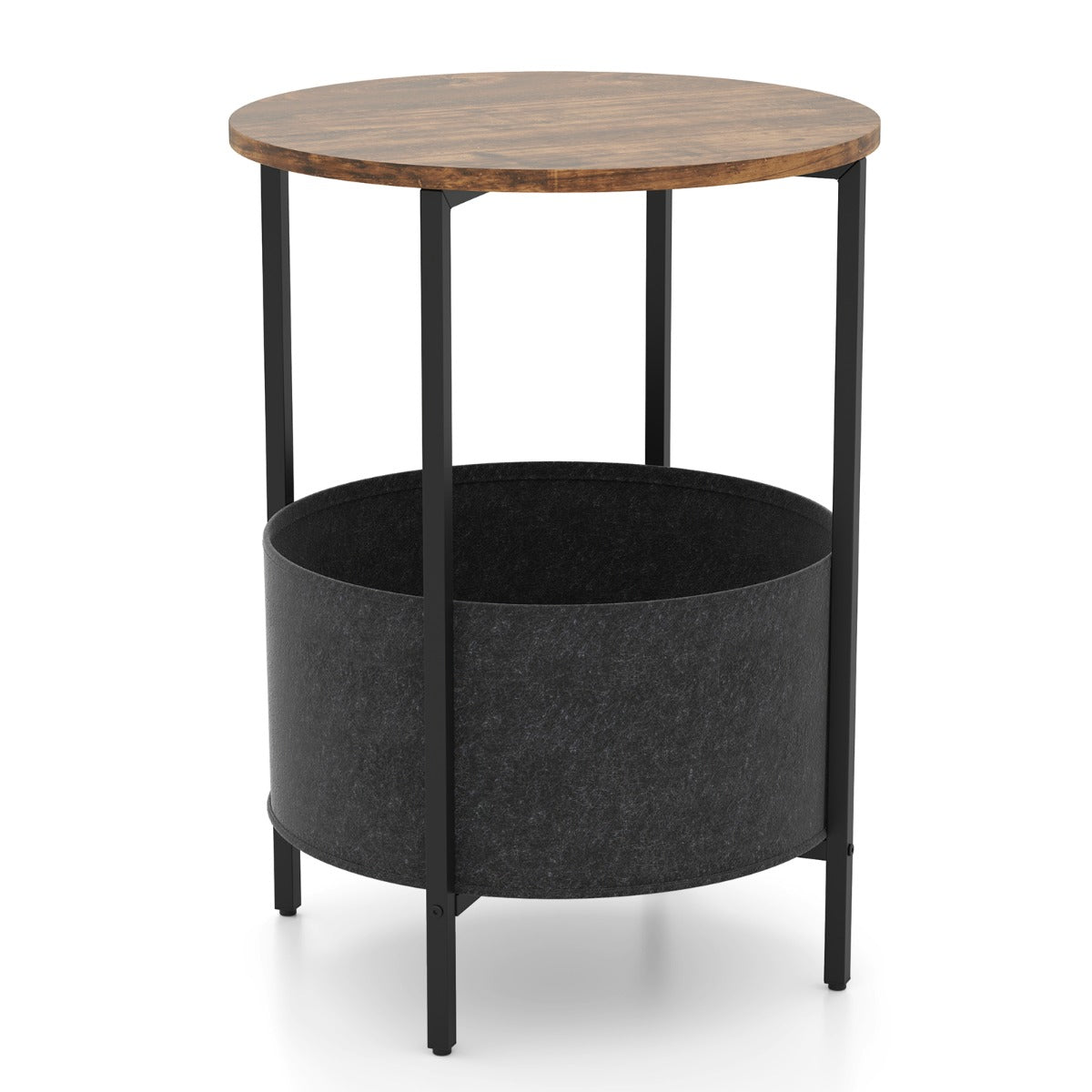 Round End Table for Small Space with Removable Fabric Basket and Metal Frame-Rustic Brown