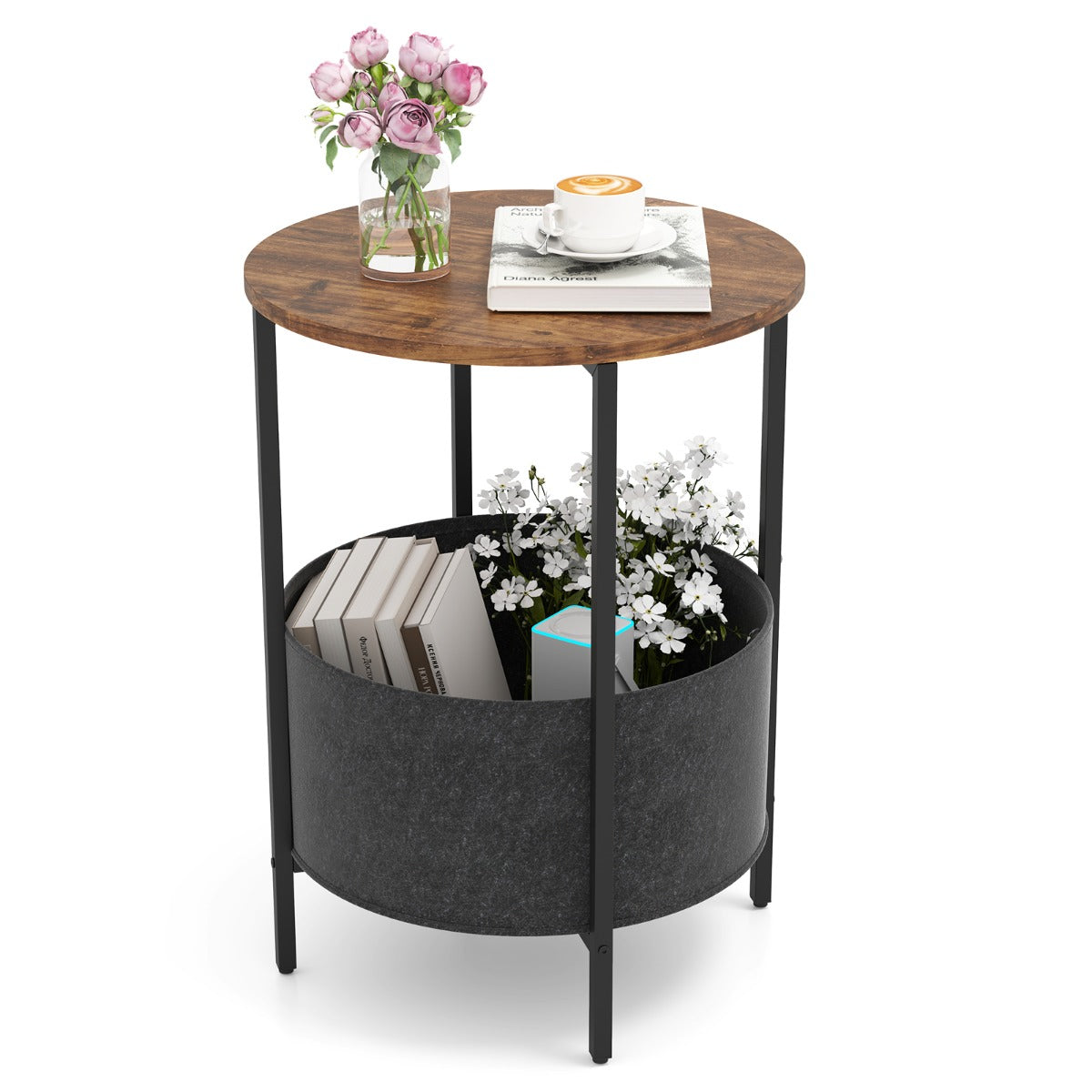 Round End Table for Small Space with Removable Fabric Basket and Metal Frame-Rustic Brown