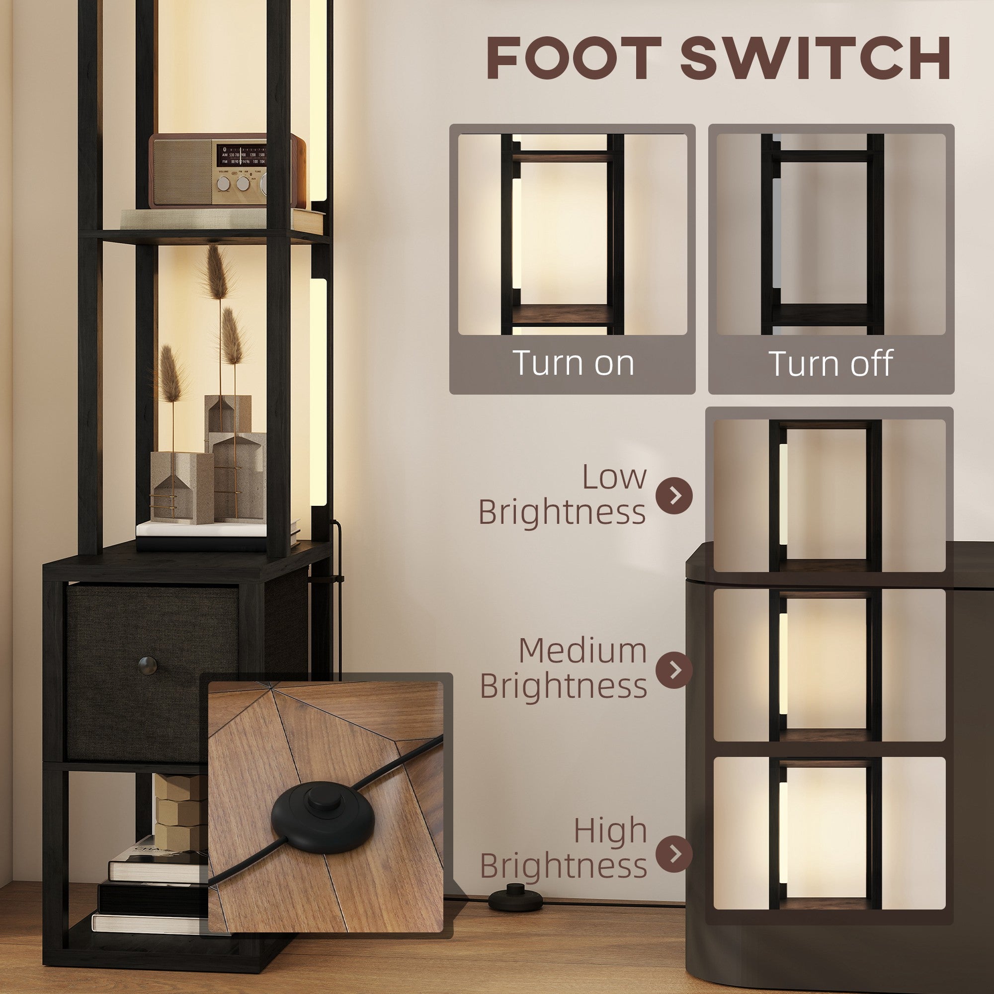 HOMCOM Floor Lamp with Shelves, LED Column Modern Standing Lamp with Fabric Drawer, Adjustable Brightness, Foot Switch for Living Room, Bedroom, Office, Black