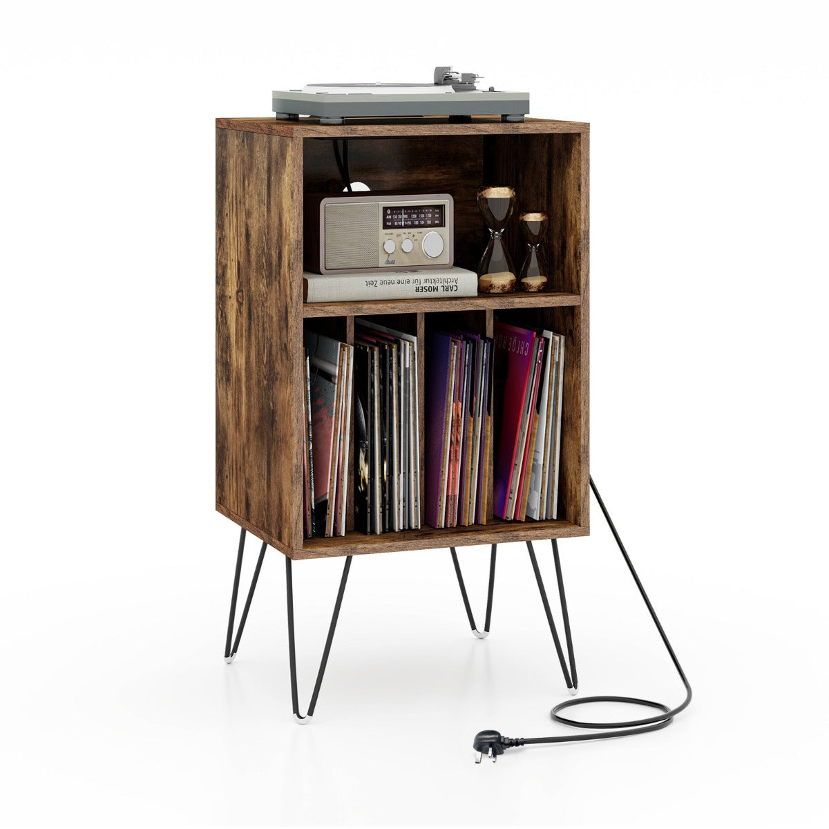 3-Tier Record Player Stand with Charging Station Shelf and 4 Dividers-Rustic Brown