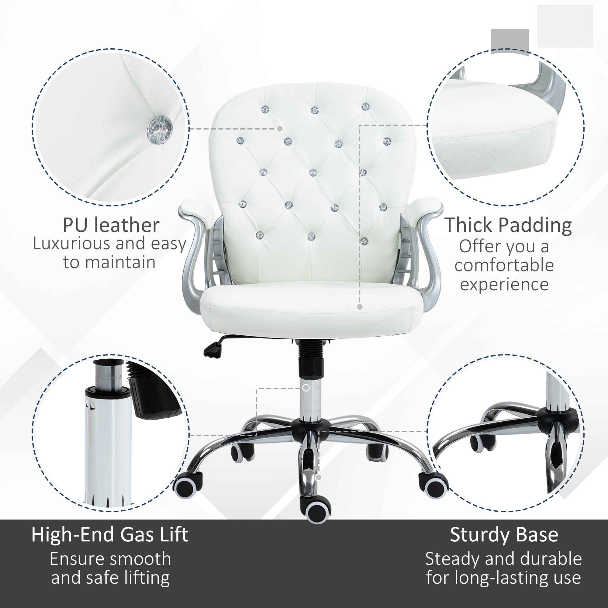Vinsetto Office Chair Ergonomic 360√Ç¬∞ Swivel PU Diamante Padded Base 5 Castor Wheels for Home Work White