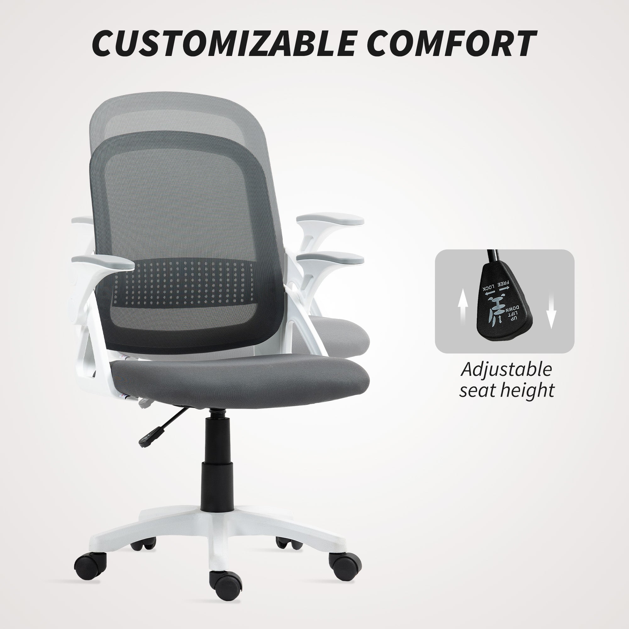 HOMCOM Breathable Mesh Office Chair, Ergonomic Swivel Computer Chair with Flip-up Armrests, Lumbar Back Support for Home/Office, Grey