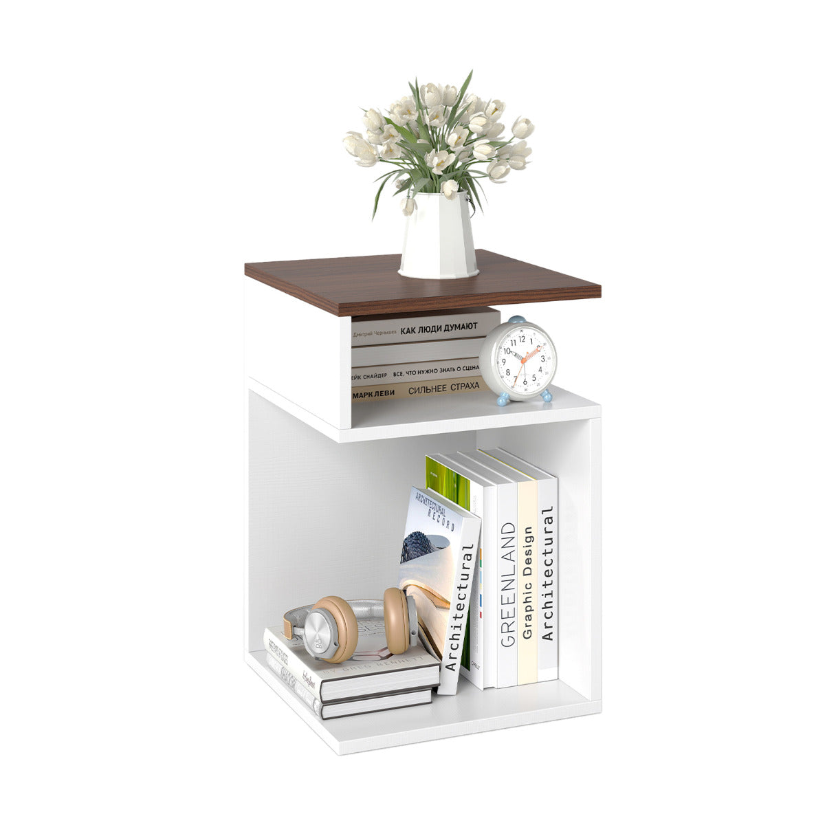 S-Shaped Side Table for Small Space with 2 Open Compartments-Walnut