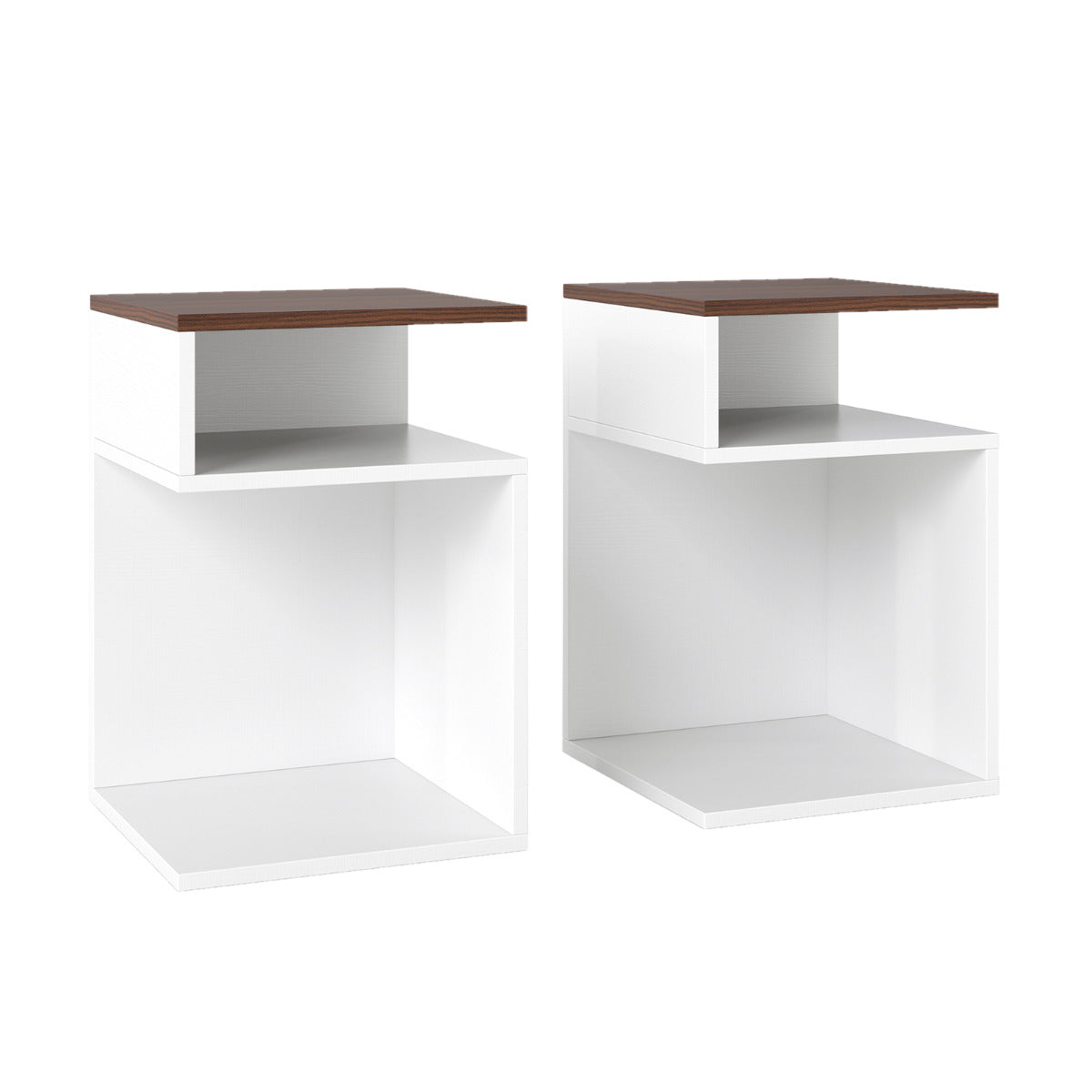 S-Shaped Side Table Set of 2 for Small Space with 2 Open Compartments-Walnut