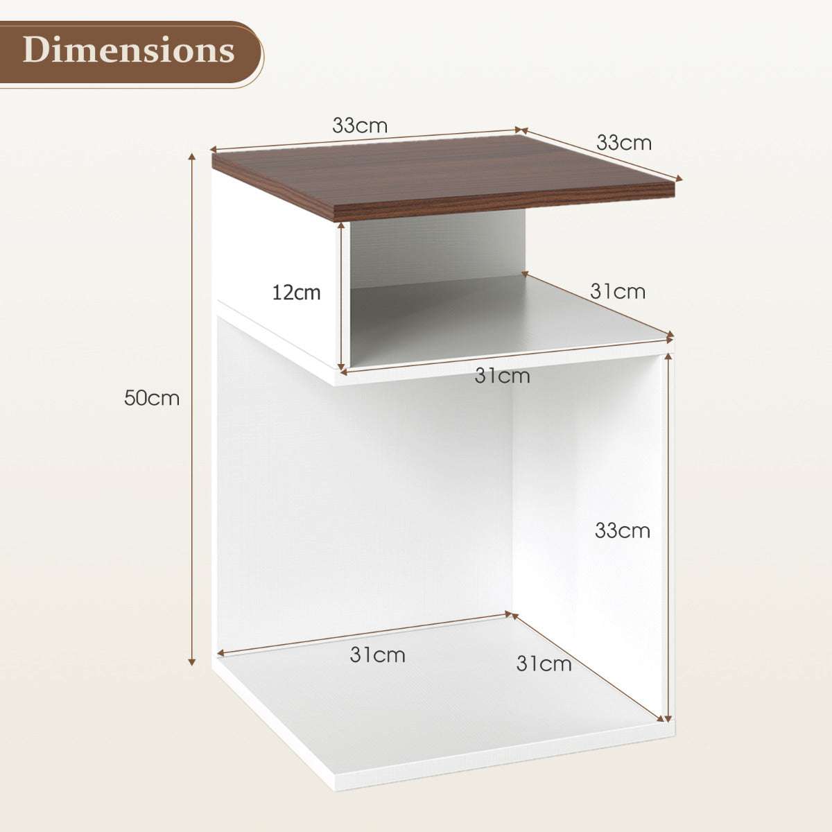 S-Shaped Side Table Set of 2 for Small Space with 2 Open Compartments-Walnut