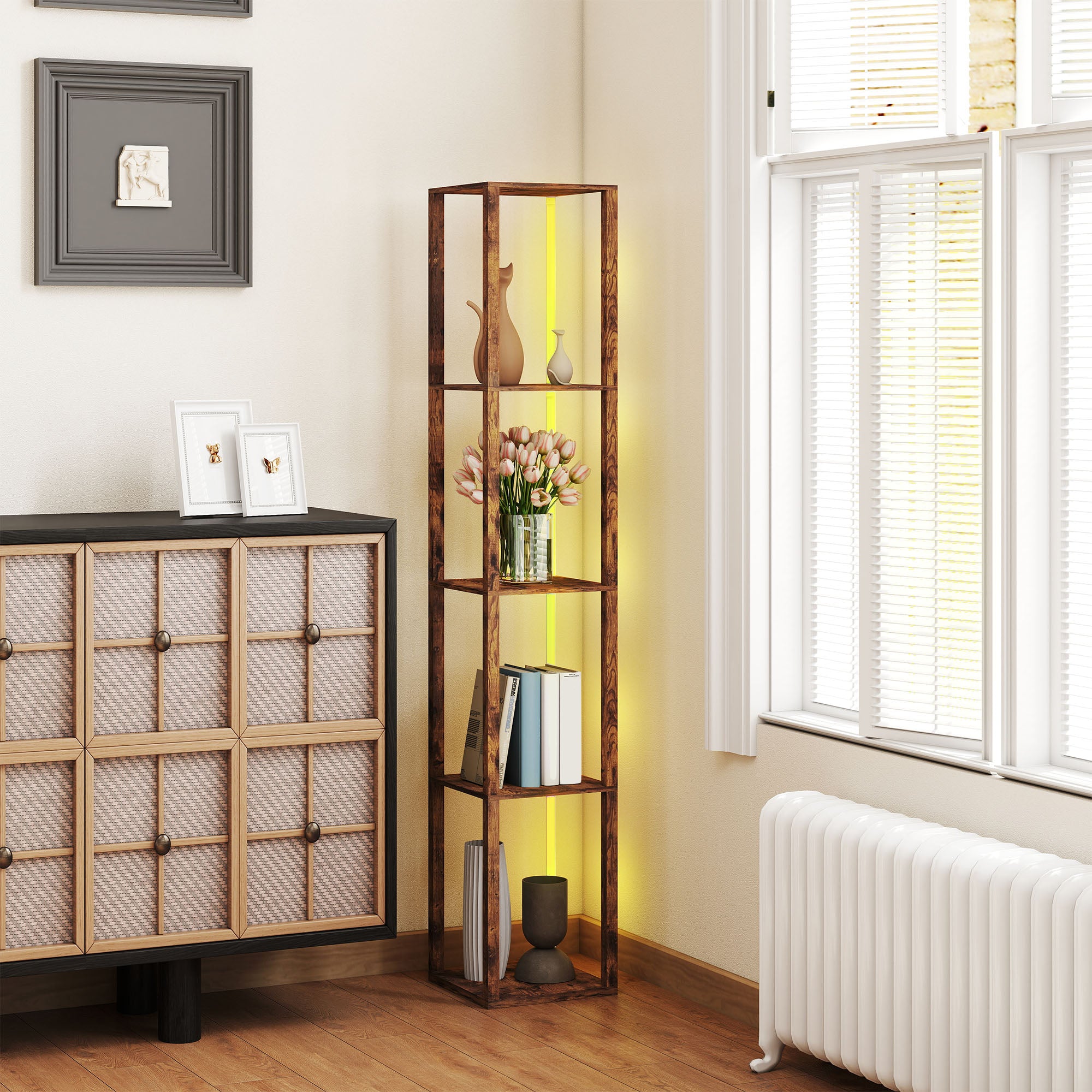 HOMCOM RGB LED Floor Lamp with Shelves, Modern Dimmable Standing Lamp with Remote Control, Adjustable Brightness & Speed for Living Room, Bedroom, Office, Rustic Brown