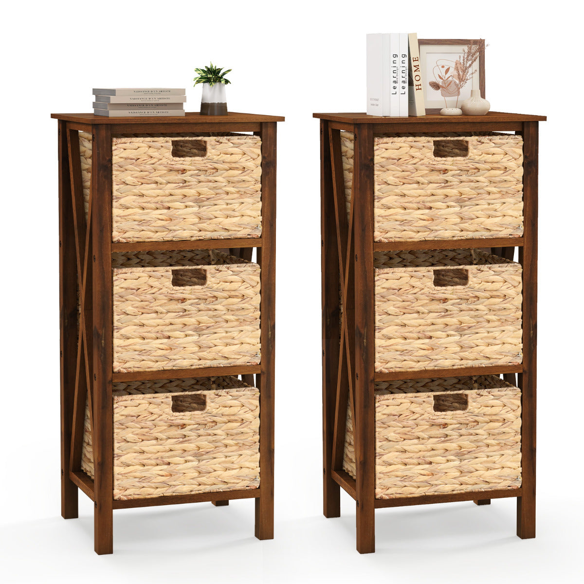 Set of 2 Nightstands Drawer Sofa Side Table with Seagrass Baskets-Walnut-3-Tier