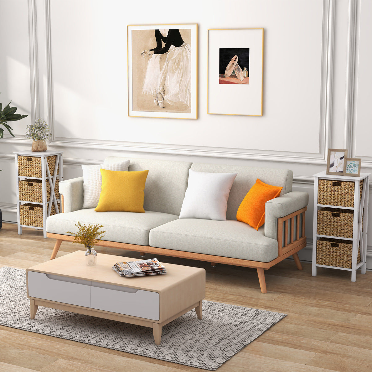 Set of 2 Nightstands Drawer Sofa Side Table with Seagrass Baskets-White-3-Tier