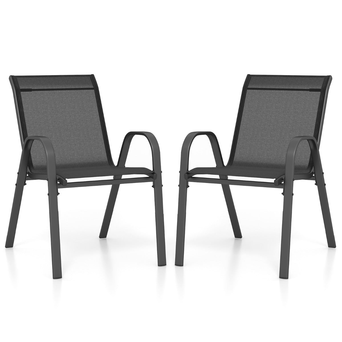 Set of 2 Patio Stackable Metal Dining Chairs with Armrests-Black