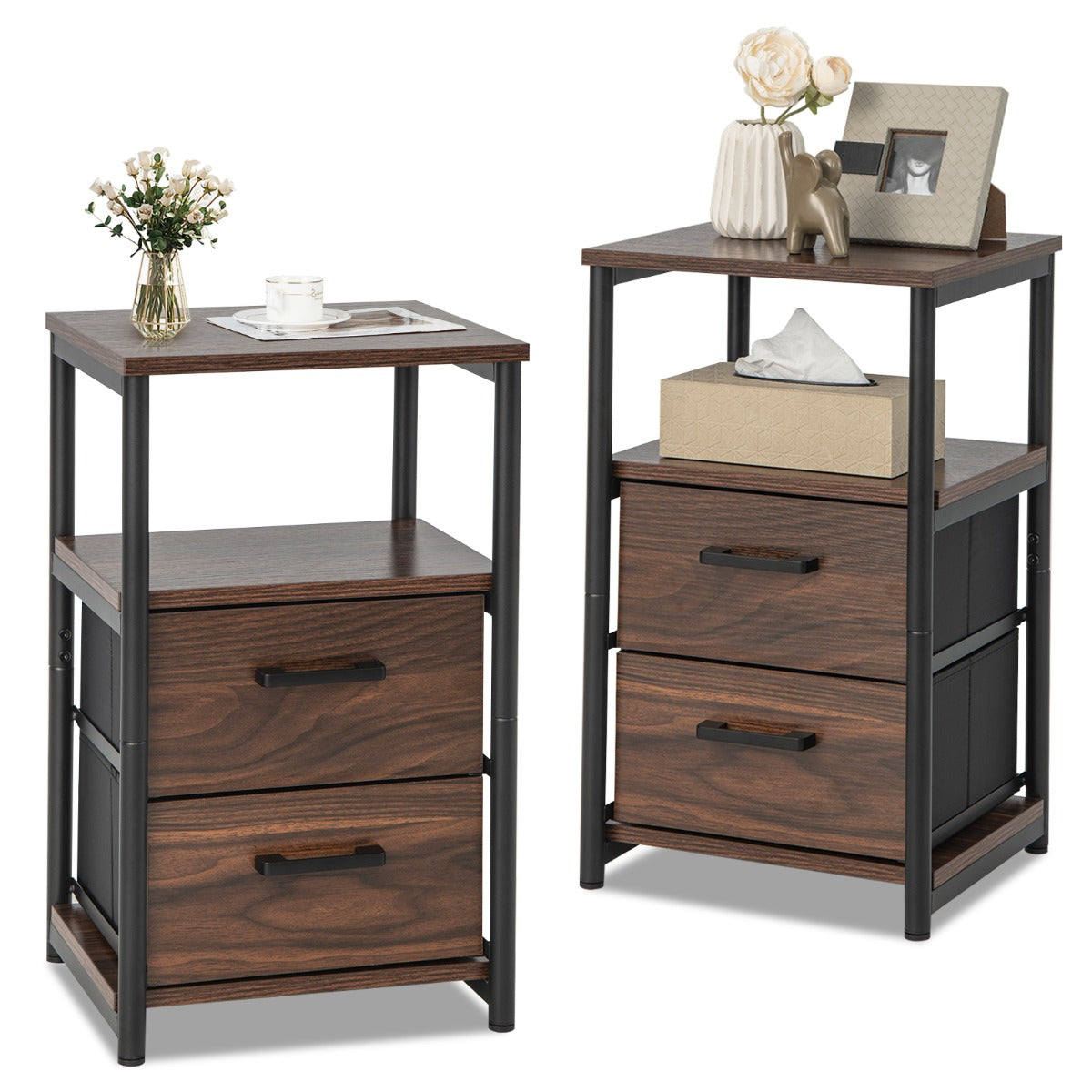 Retro Nightstand Set of 2 Metal Frame Bedside Table-Walnut-Set of 2