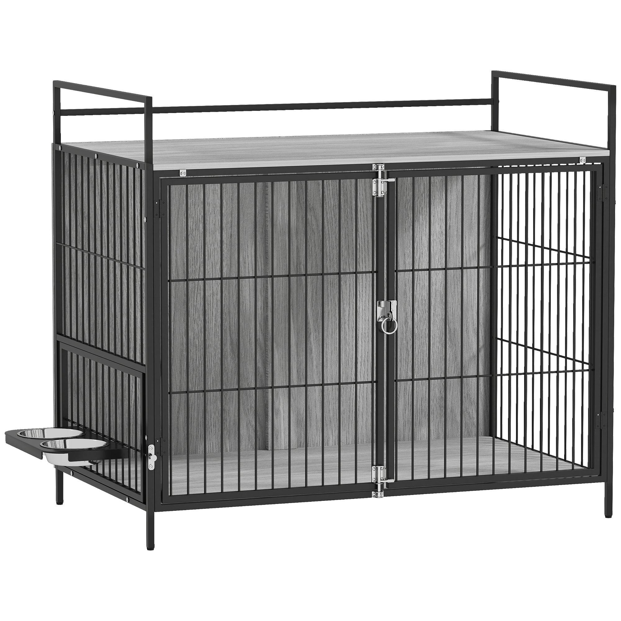 PawHut Large Dog Crate Furniture with Rotating Bowl Holder, 2 Bowls, 2 Doors, for Large Dogs, 100 x 60 x 88 cm, Grey