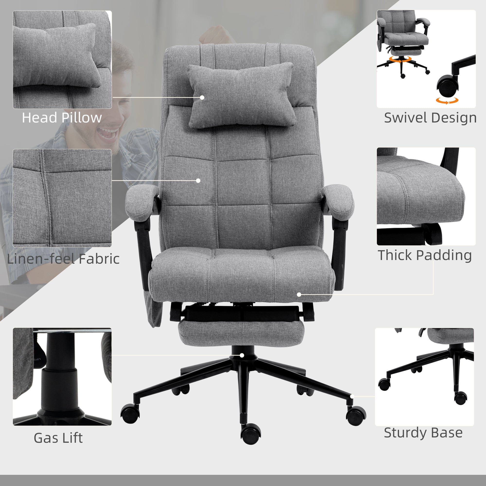 Vinsetto Office Chair with 6-point Vibration Massage and Heat, Computer Chair with Adjustable Height, Head Pillow, Footrest for Home, Grey