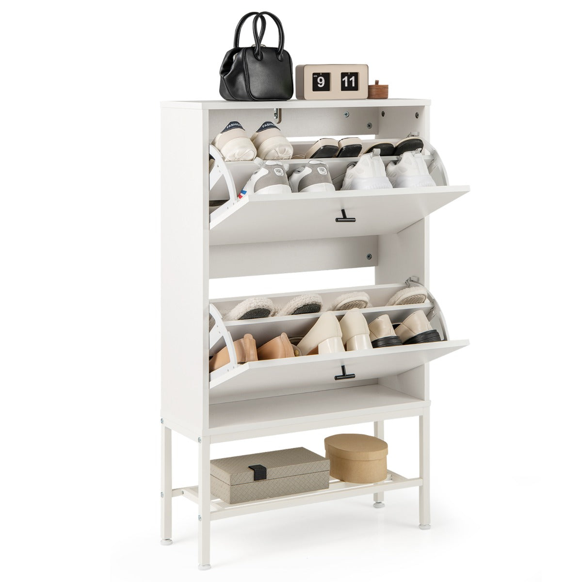 Shoe Storage Cabinet with 2 Flip Drawers and Adjustable and Removable Shelves-White