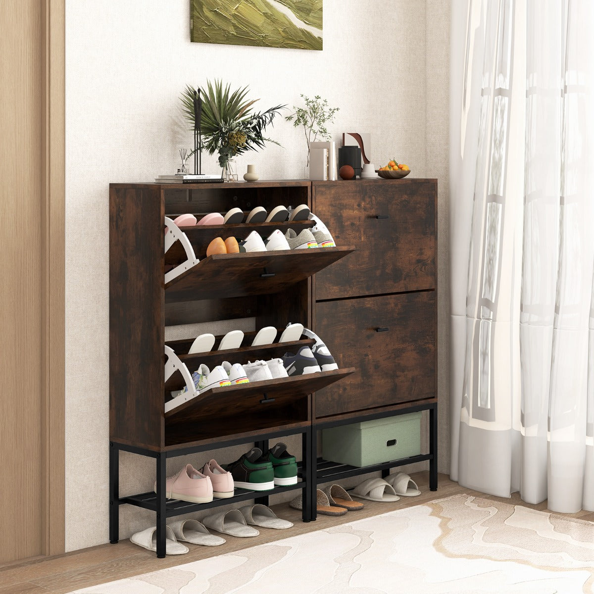 Shoe Storage Cabinet with 2 Flip Drawers and Adjustable and Removable Shelves-Rustic Brown