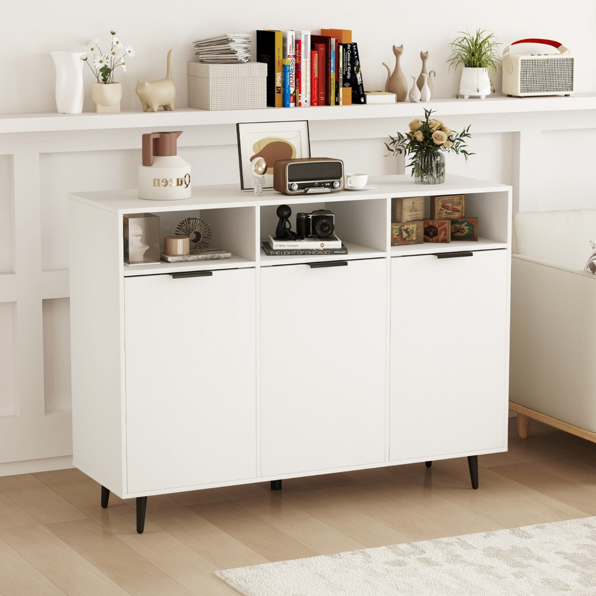 Sideboard Buffet Cabinet with 5-Position Adjustable Shelves-White