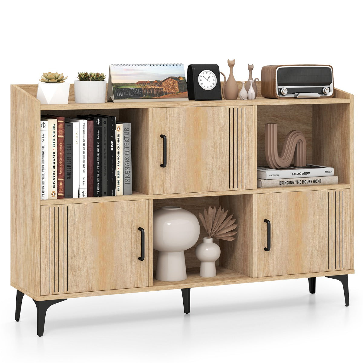 Sideboard Storage Cabinet Bookcase with 3 Doors and Open Compartments -Oak
