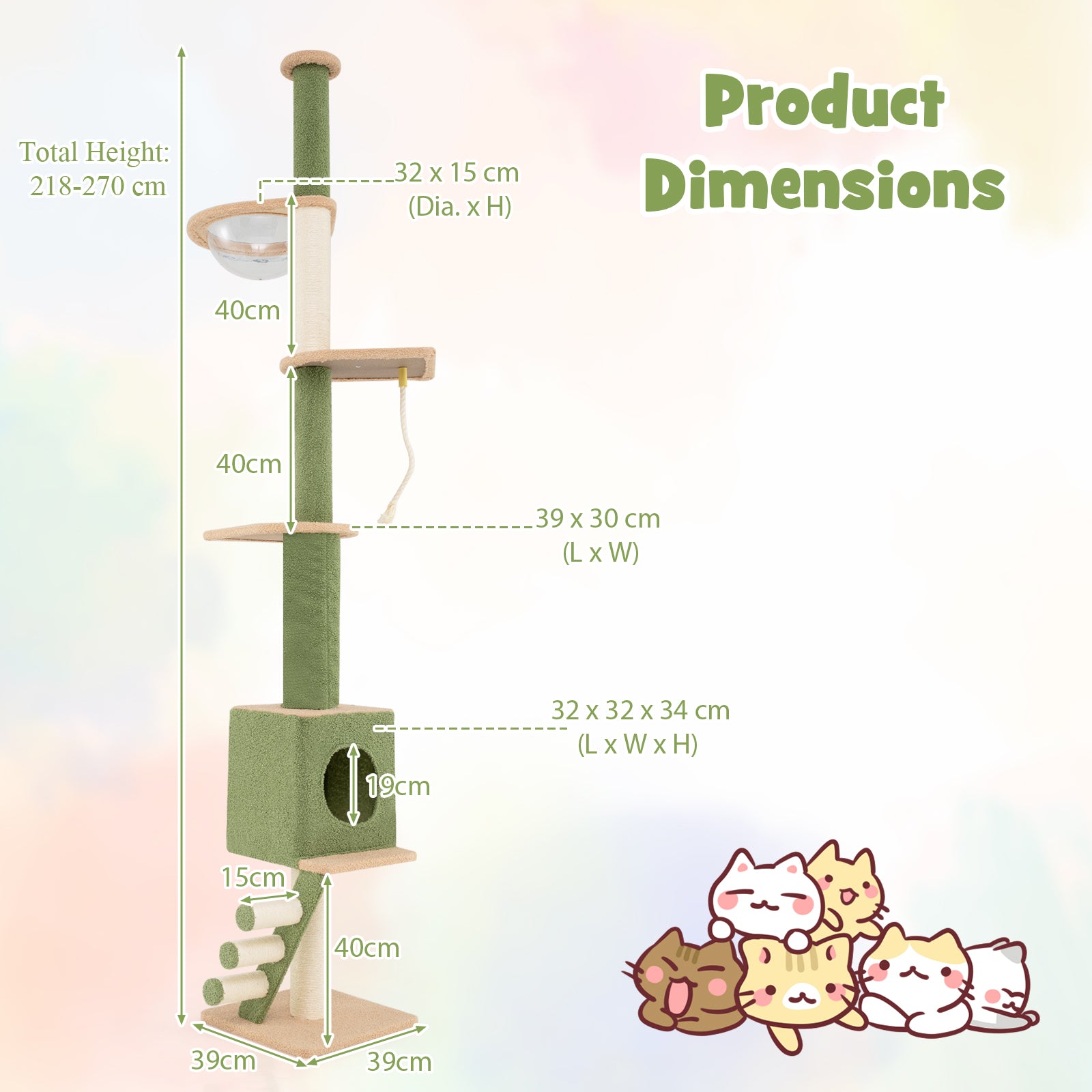 Floor to Ceiling Cat Tree with 218-270 cm Adjustable Height-Green