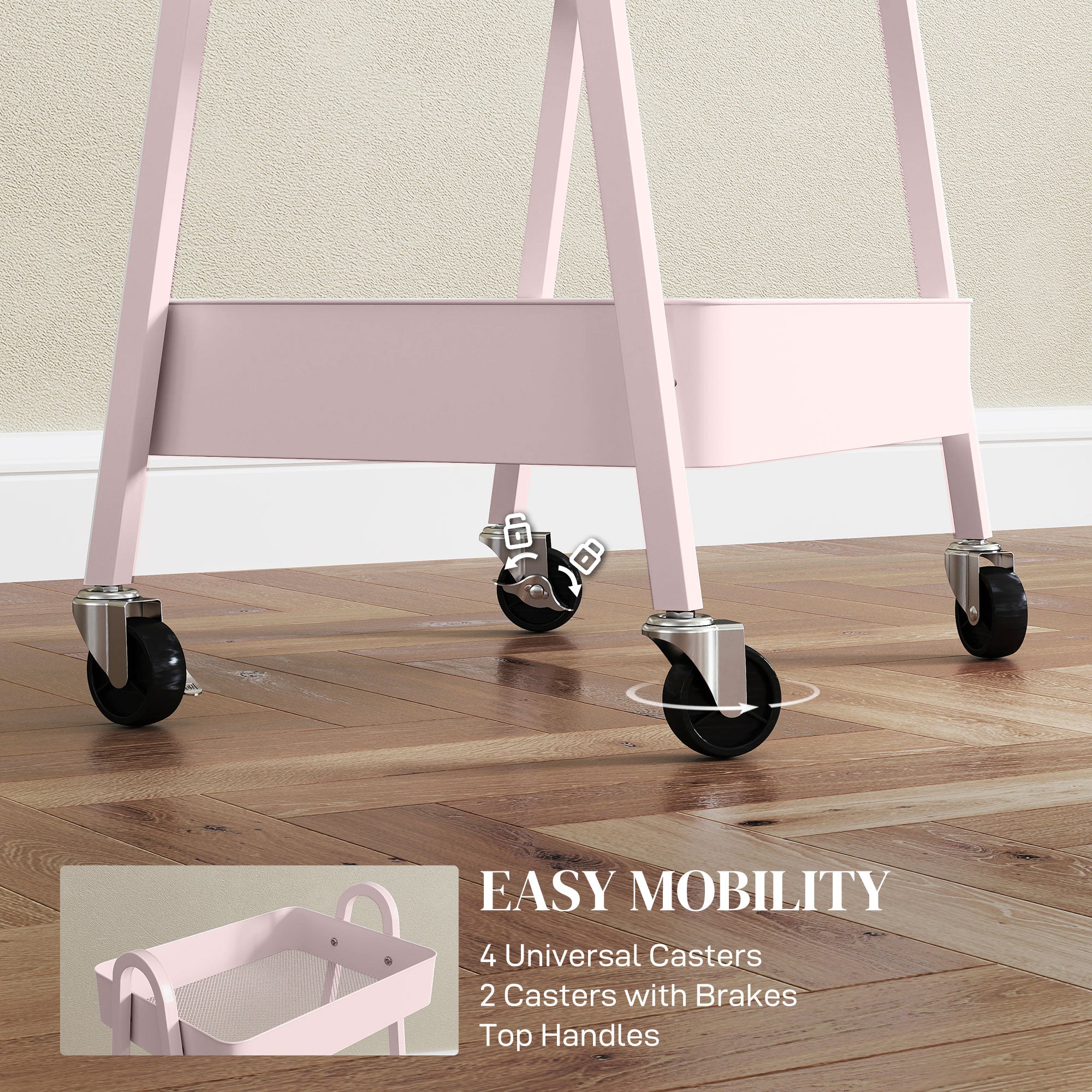 HOMCOM Three-Tier Storage Trolley - Pink