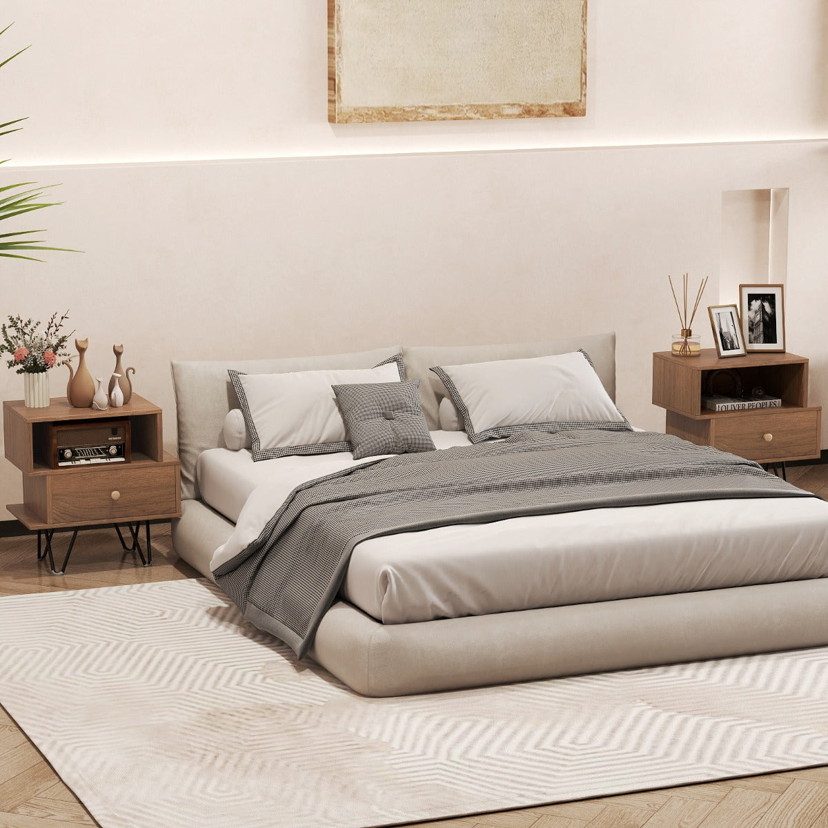 Mid Century Modern End Tables Set of 2 with Removable Drawer-Natural