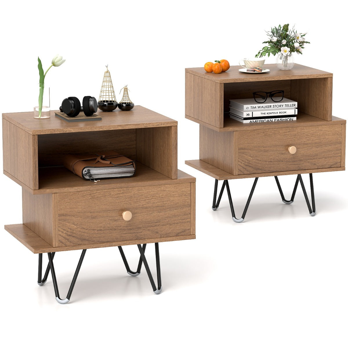 Mid Century Modern End Tables Set of 2 with Removable Drawer-Natural
