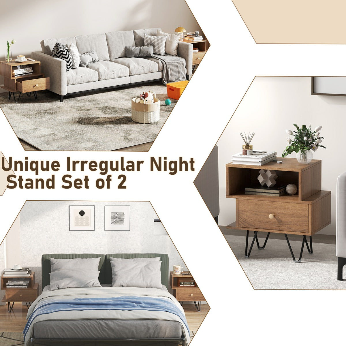 Mid Century Modern End Tables Set of 2 with Removable Drawer-Natural