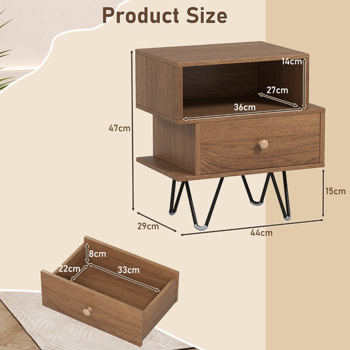 Mid Century Modern End Tables Set of 2 with Removable Drawer-Natural