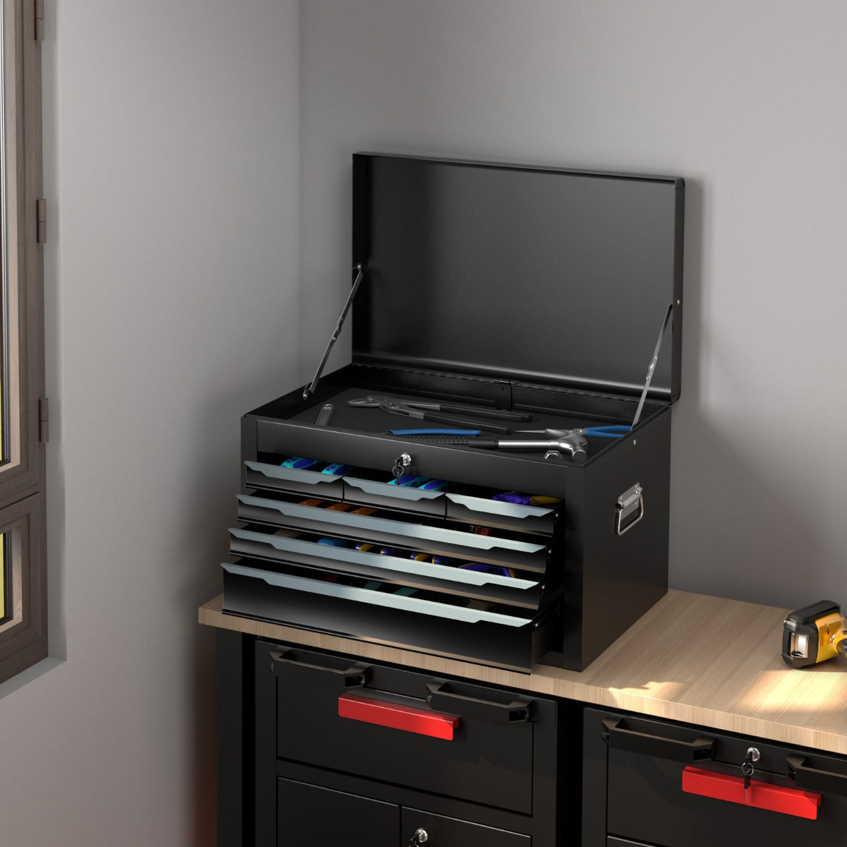 Steel Tool Box Chest Case with 6 Drawers Top Storage Automatic Lock-Black