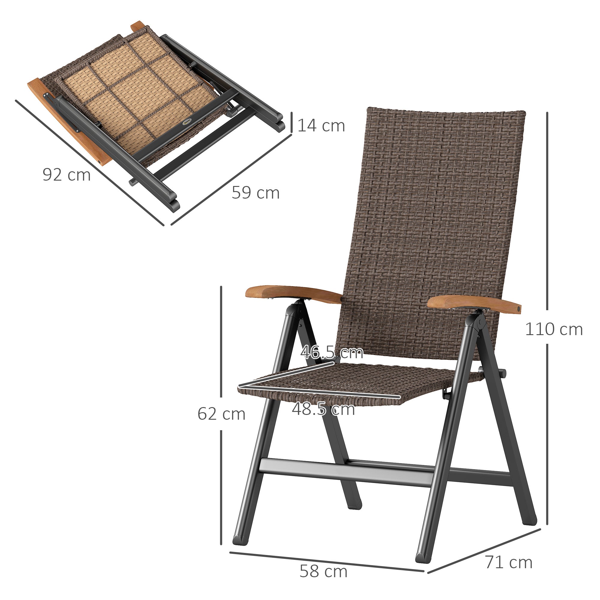 Outsunny Folding Rattan Garden Dining Chair with 5-level Reclining High Back, Wood Armrests for Outdoor, Patio - Brown