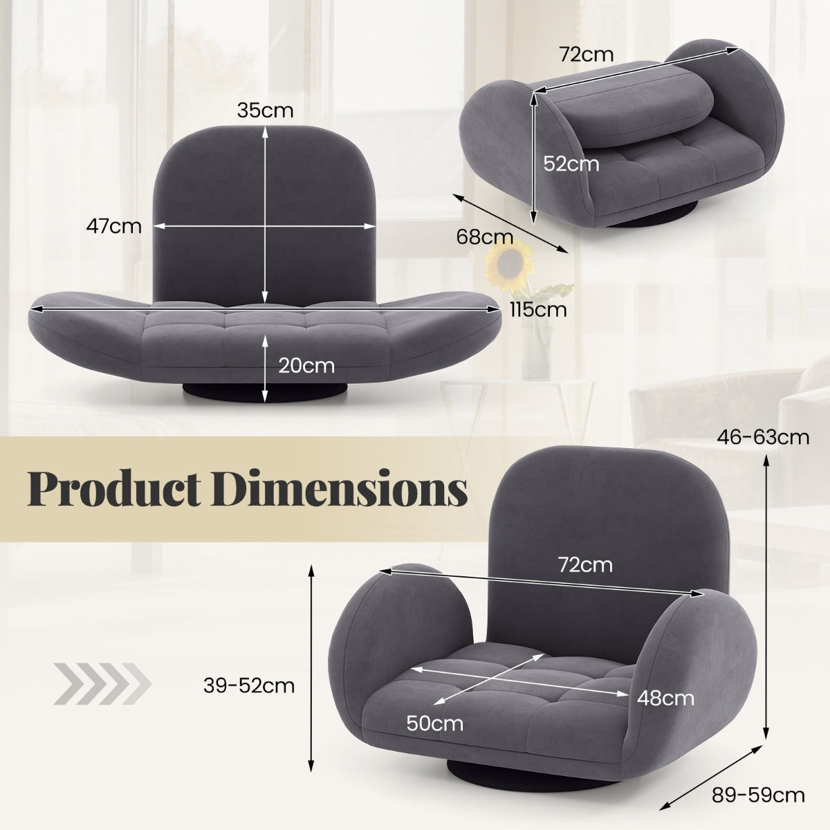 Swivel Floor Chair with Adjustable Backrest and Armrests-Grey