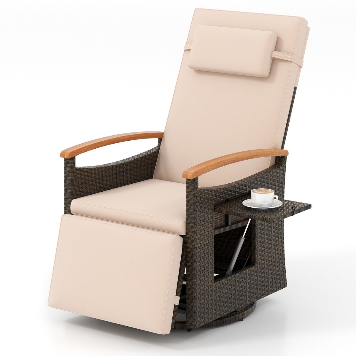 Outdoor 360¬∞ Swivel Rattan Recliner Chair with Adjustable Backrest and Footrest-Brown