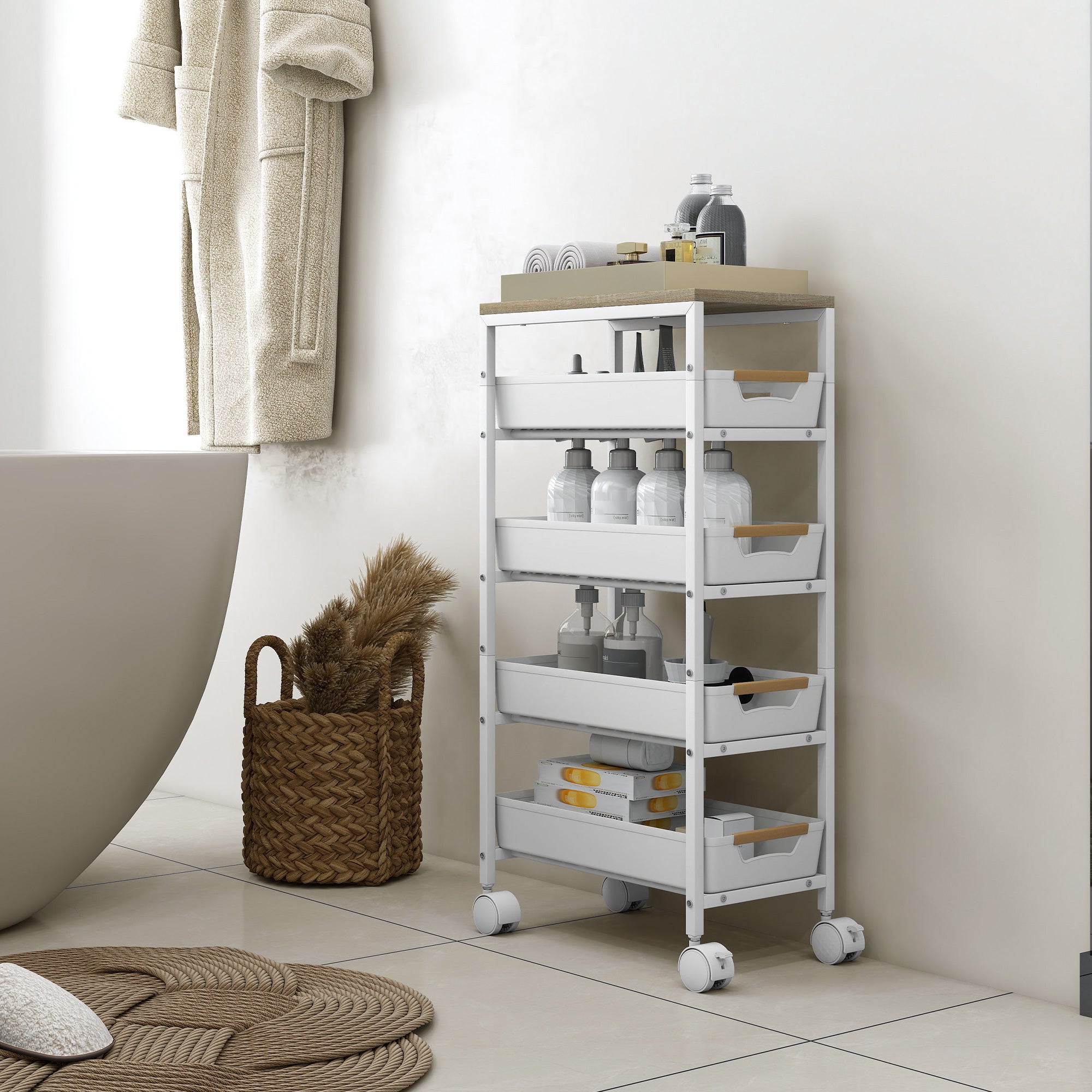 HOMCOM 5-Tier Storage Trolley on Wheels - White