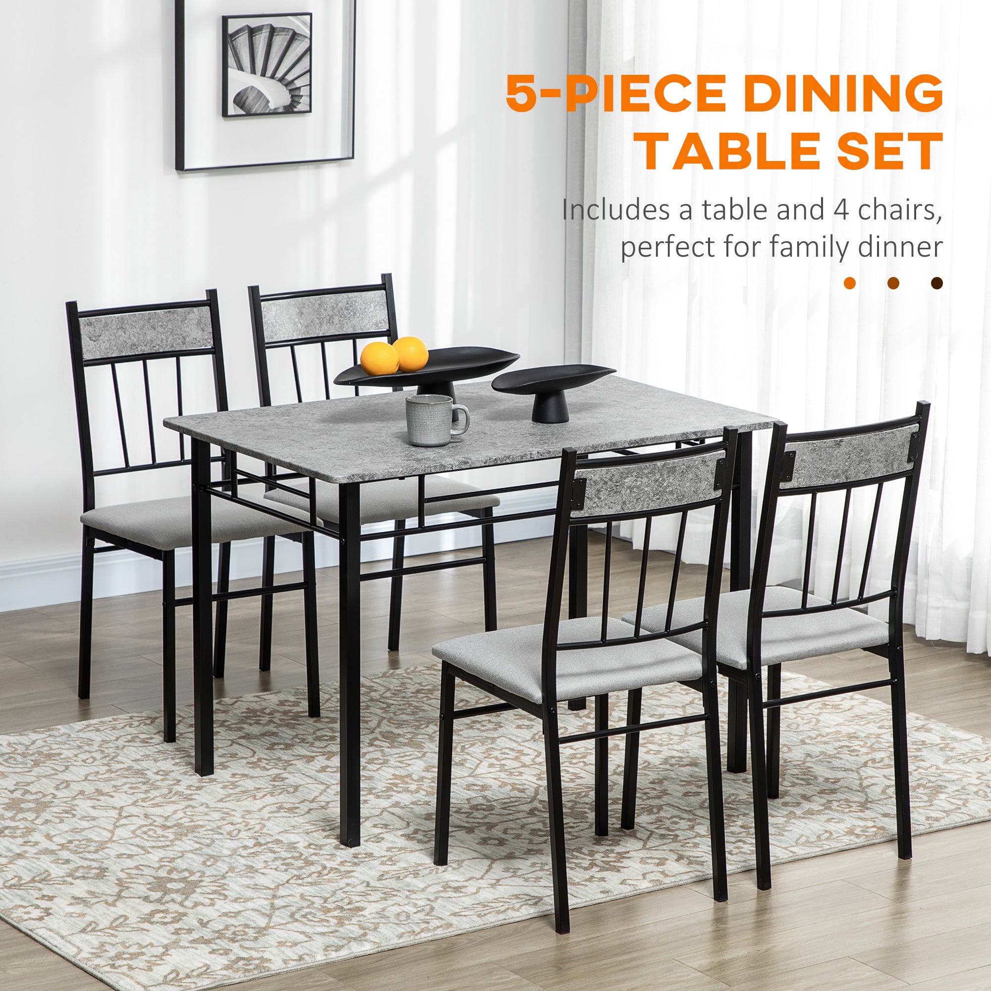 HOMCOM Five-Piece Marble Effect Dining Table Set - Grey/Black