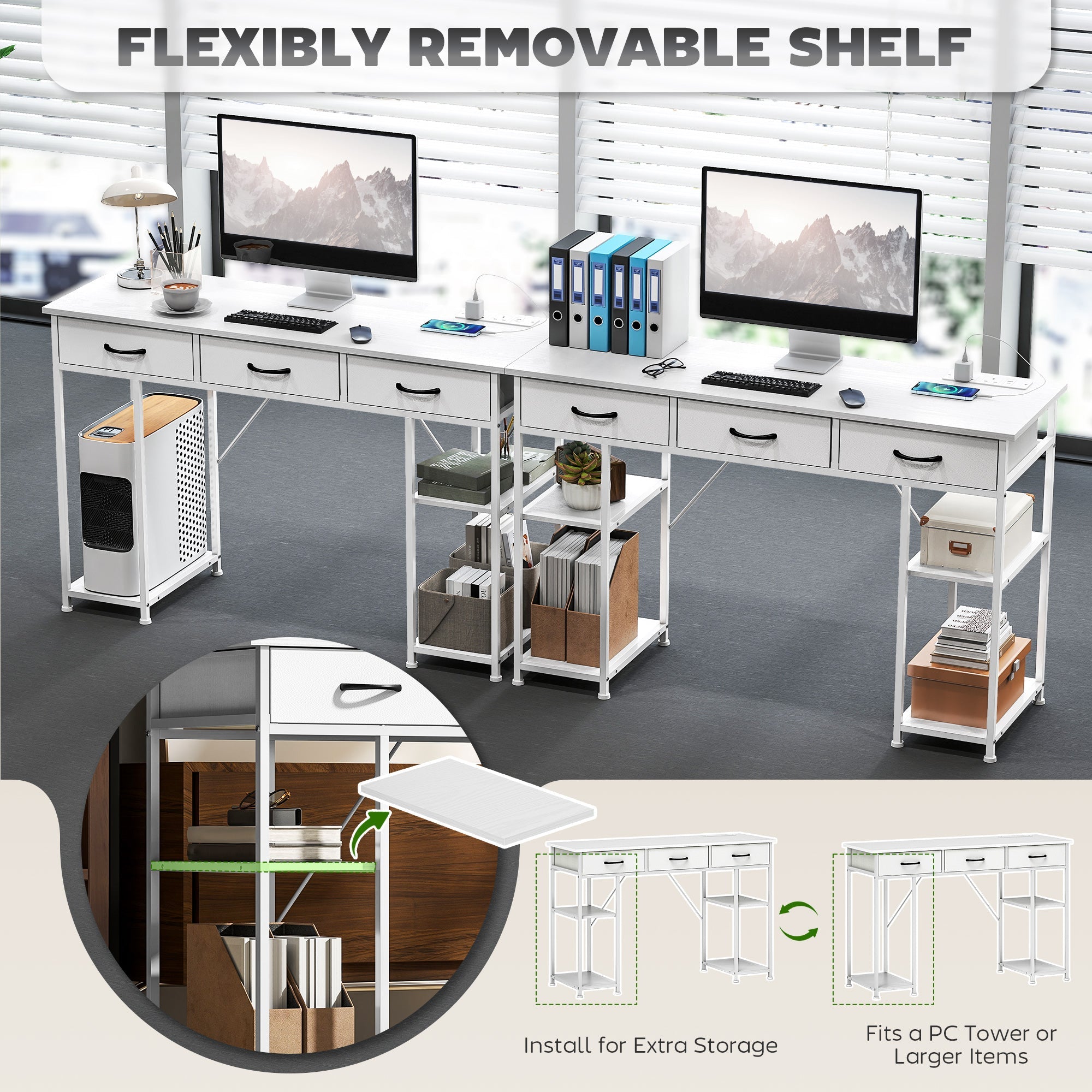 HOMCOM 120cm Computer Desk with Power Outlets, Office Desk Study Table with 3 Fabric Drawers and 4 Storage Shelves, White
