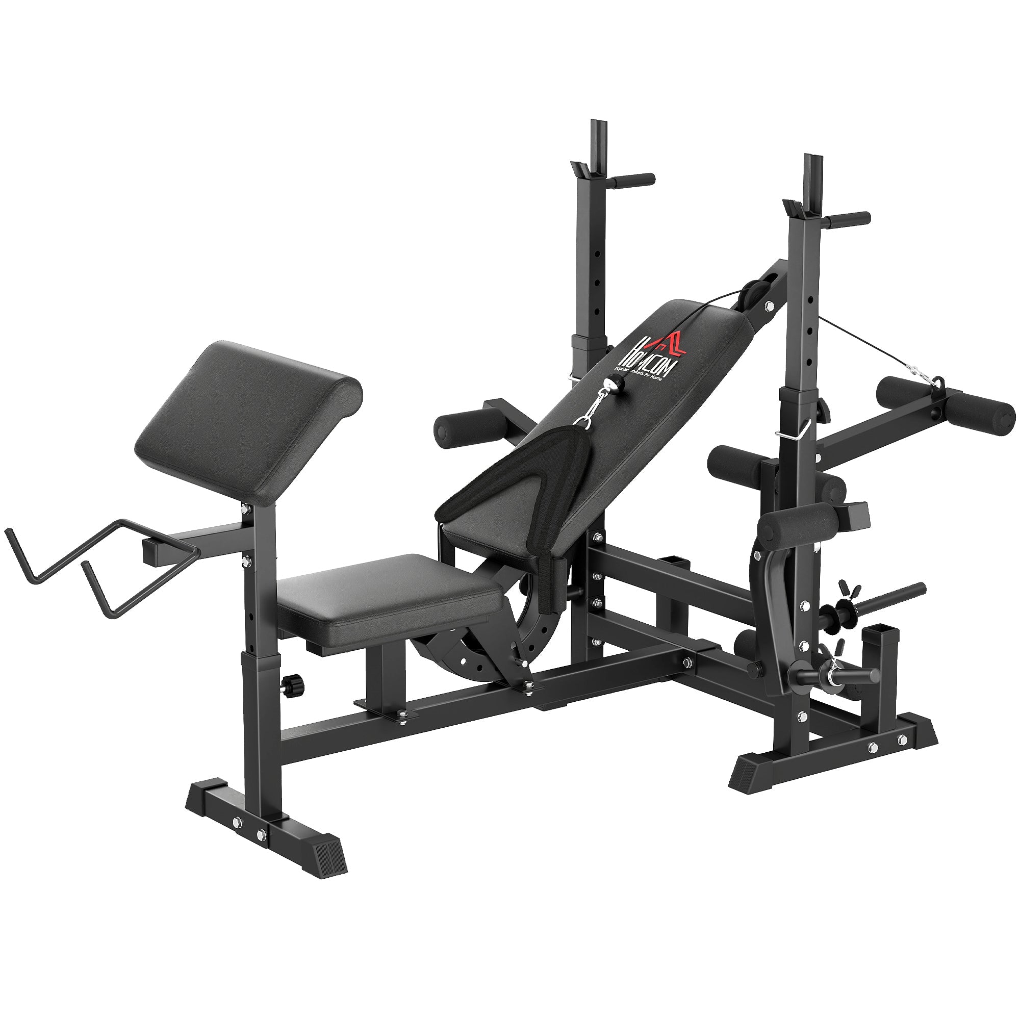 HOMCOM Weight Bench, 6 in 1 Adjustable Bench Press with Leg Extension, Barbell Rack, Preacher Curl Pad, Resistance Band, Multi-Function Home Gym Equipment for Strength Training Weightlifting