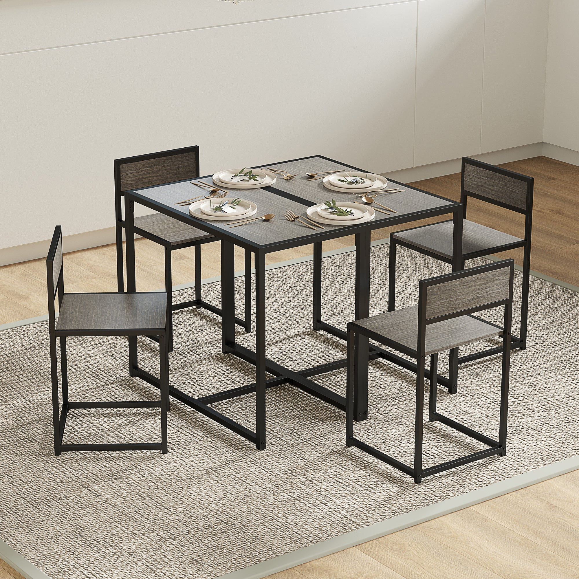 HOMCOM Dining Table and Chairs Set 2, Dining Room Sets, Rectangular Space Saving Table and 2 Chairs for Compact Kitchens, Steel Frame, Grey Wood-Effect