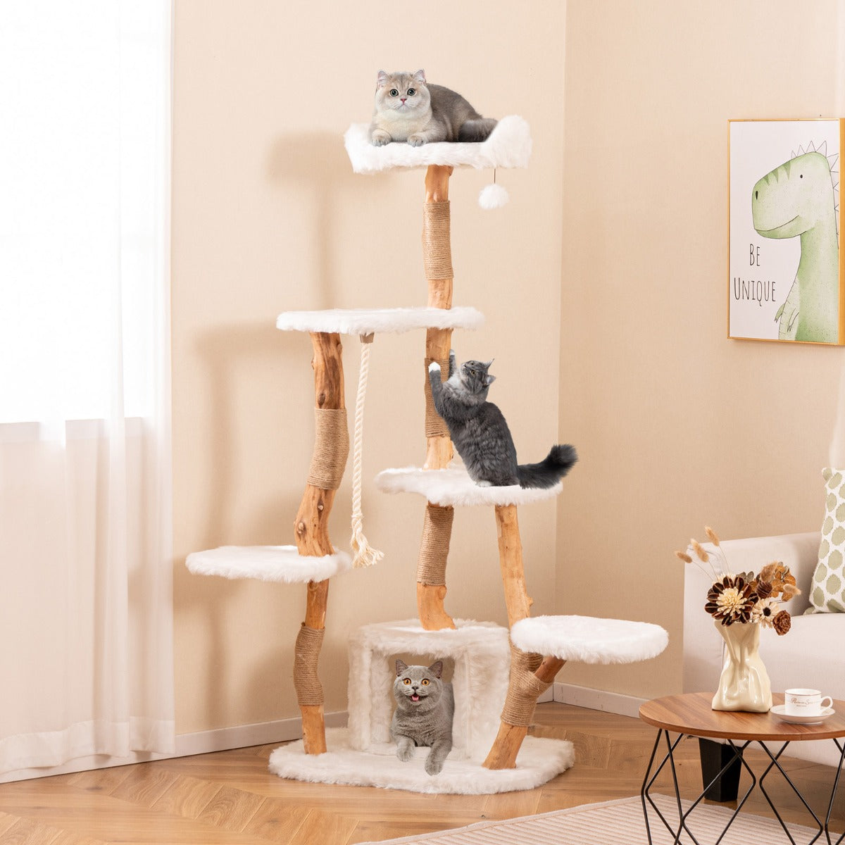 168 cm Tall Solid Wood Cat Tree with Perch Condo and Jute Scratching Posts-White