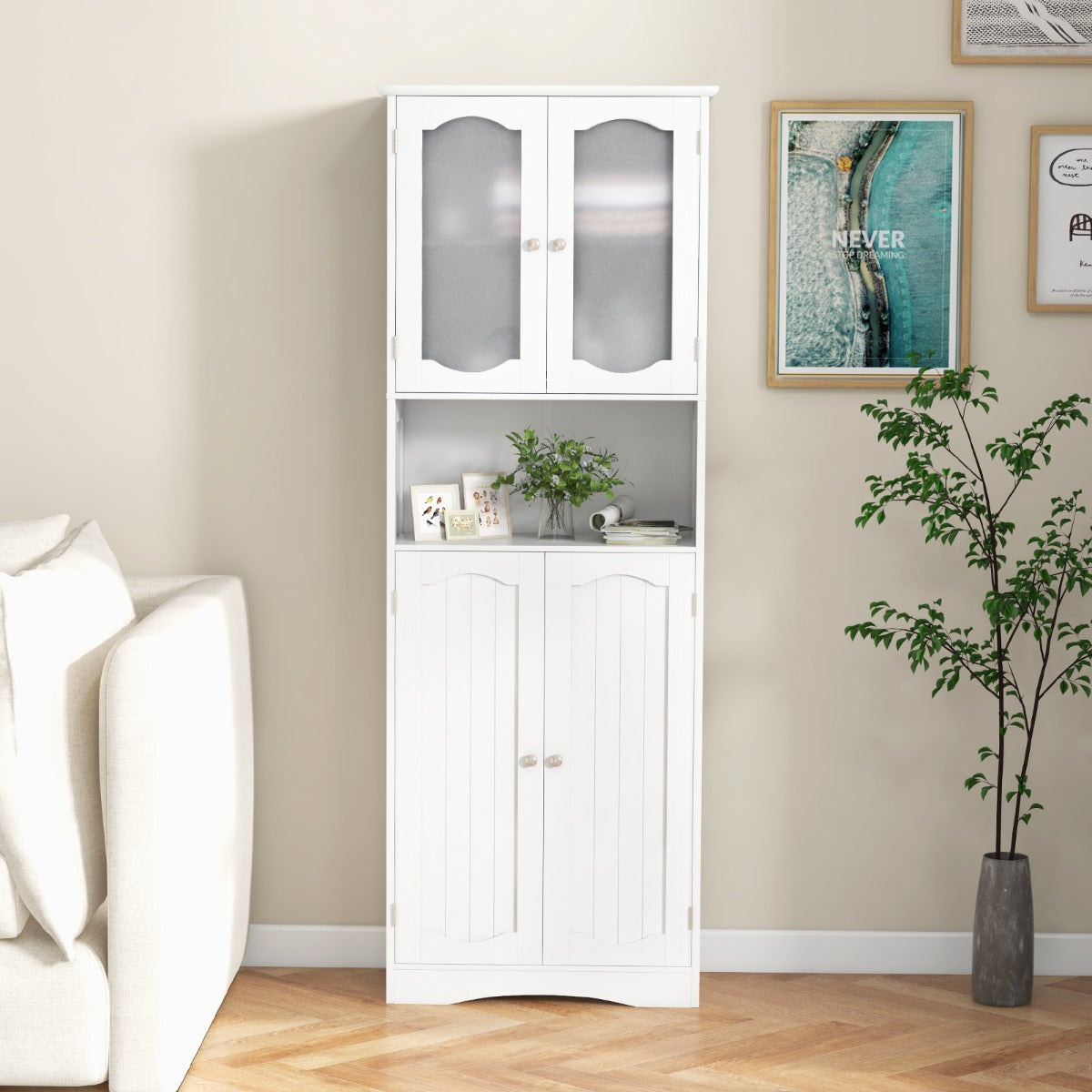 Tempered Glass Door Pantry Cabinet with 3-Position Adjustable Shelves-White