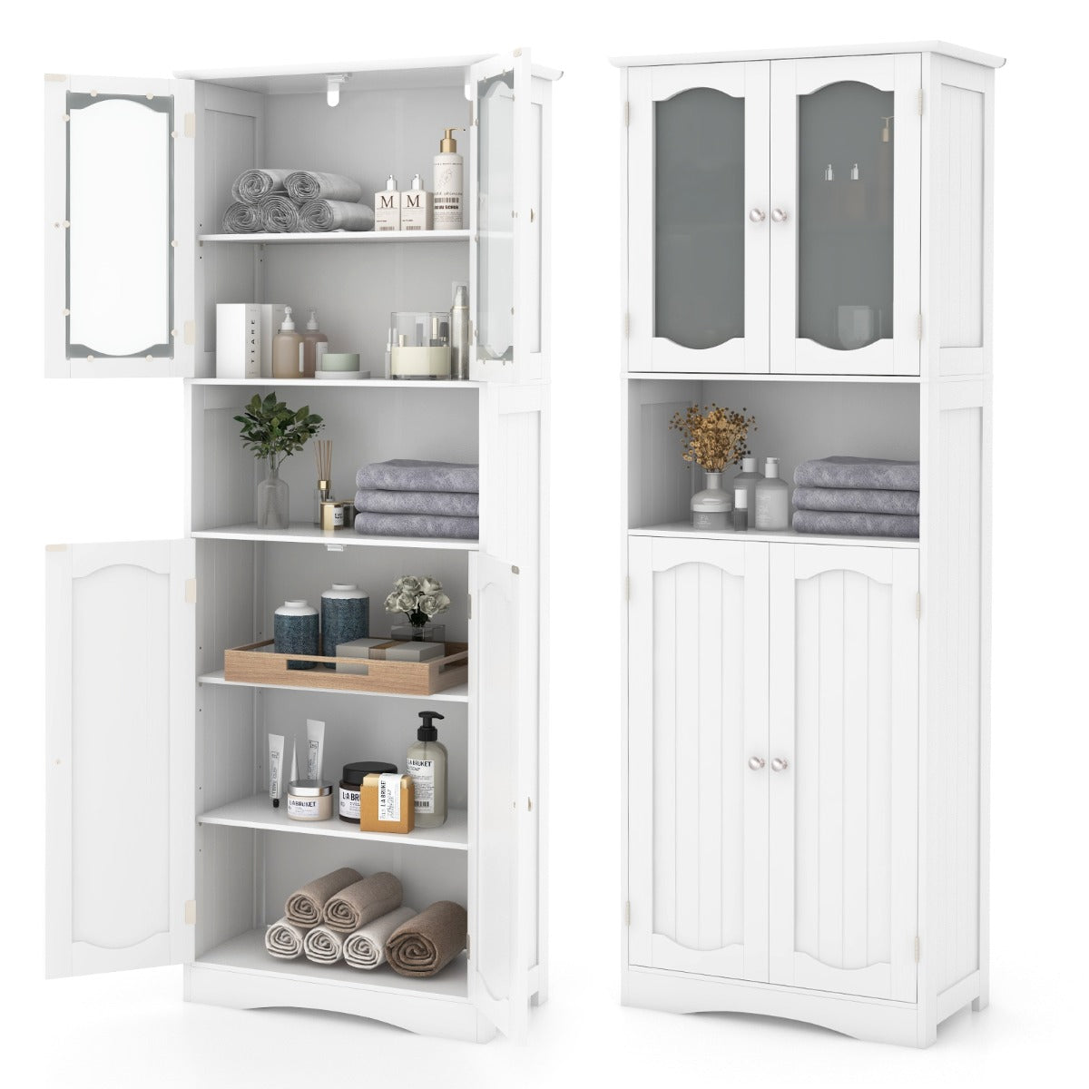 Tempered Glass Door Pantry Cabinet with 3-Position Adjustable Shelves-White