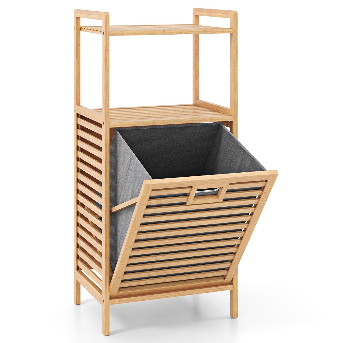 Tilt out Laundry Hamper with 2-Tier Storage Shelves-Natural