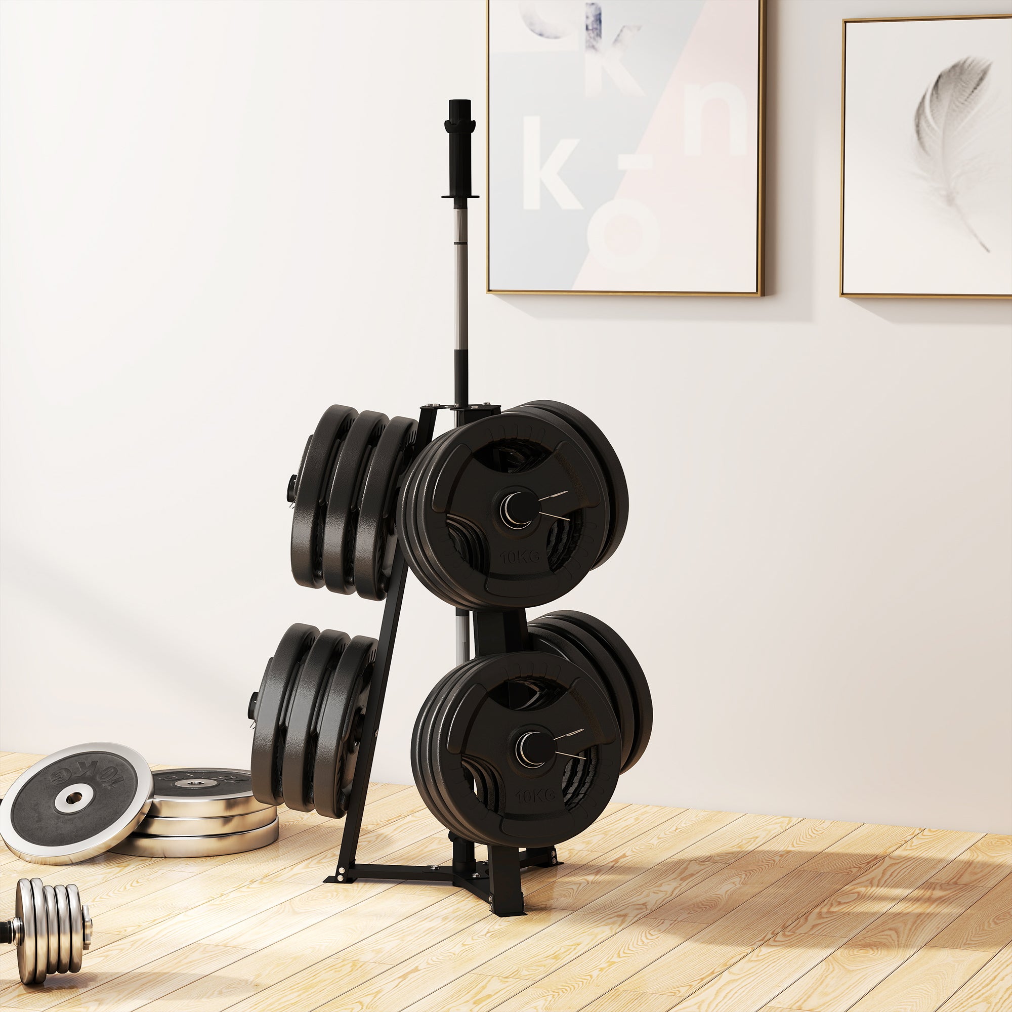 SPORTNOW Weight Tree Weight Rack for 5cm Weight Plates and Barbell Bar with 6 Fasten Clamps, 300kg Capacity