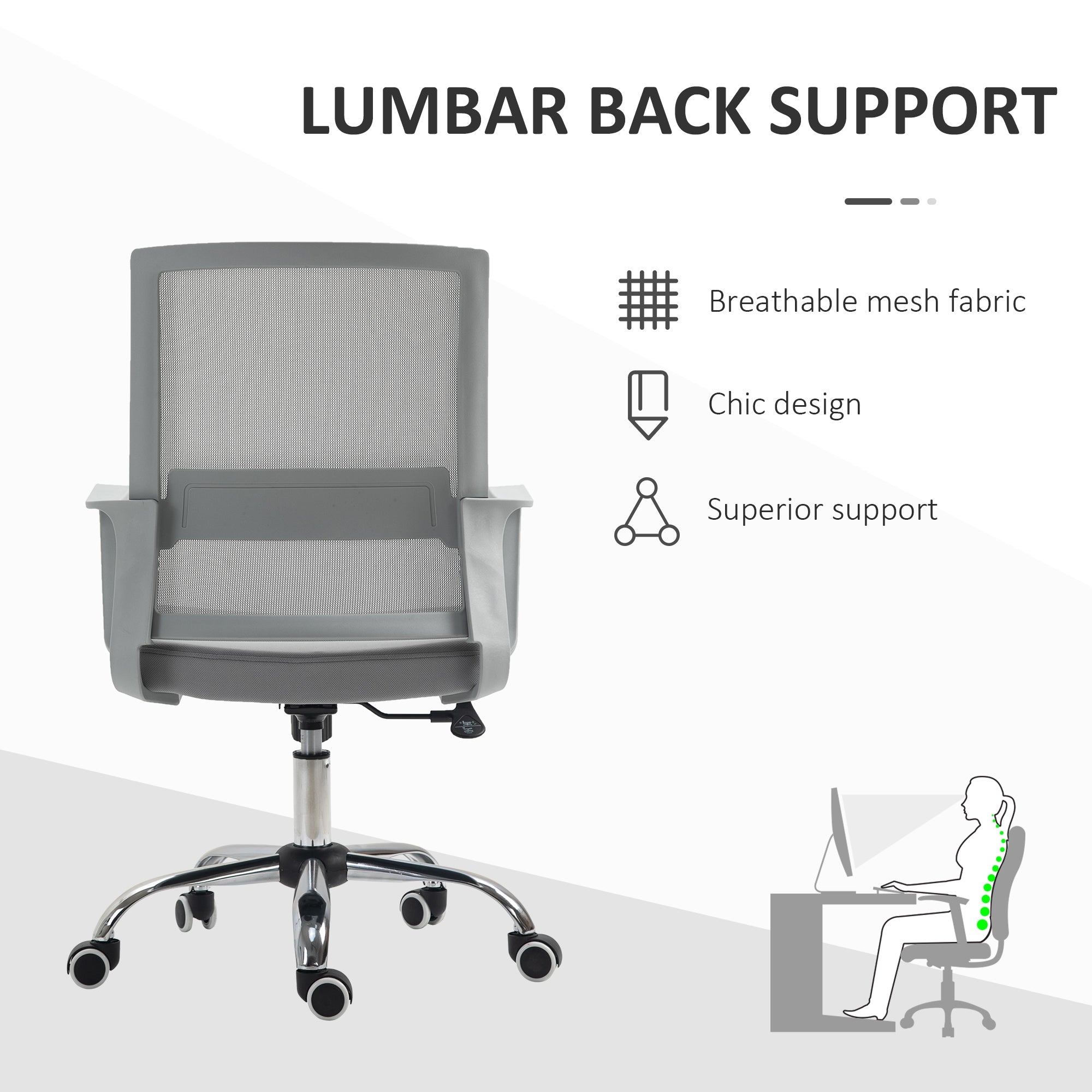 Vinsetto Ergonomic Desk Chair Mesh Office Chair with Adjustable Height Armrest and 360√Ç¬∞ Swivel Castor Wheels Grey