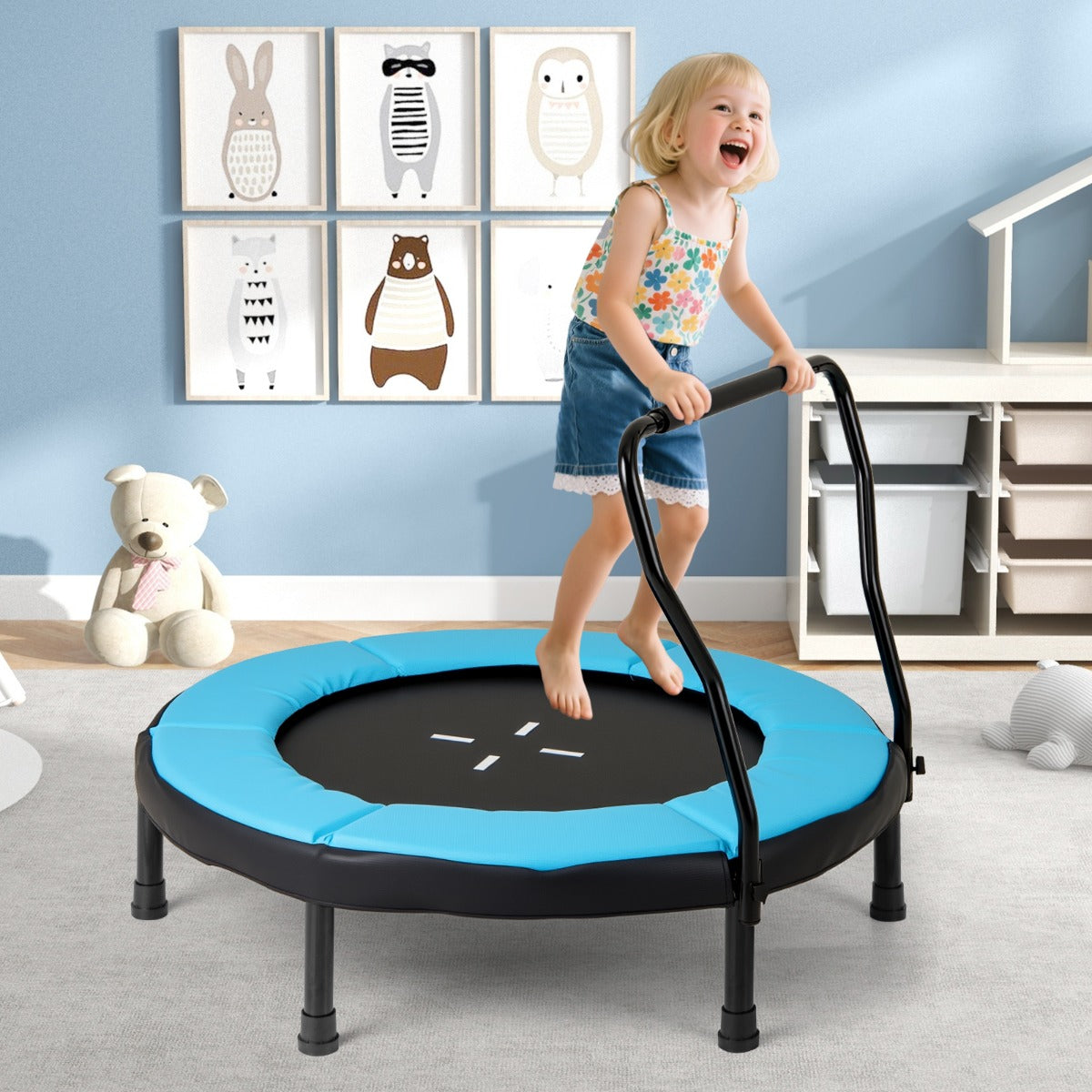 Trampoline for Kids Indoor Outdoor Fitness Trampoline with Handlebar-Blue