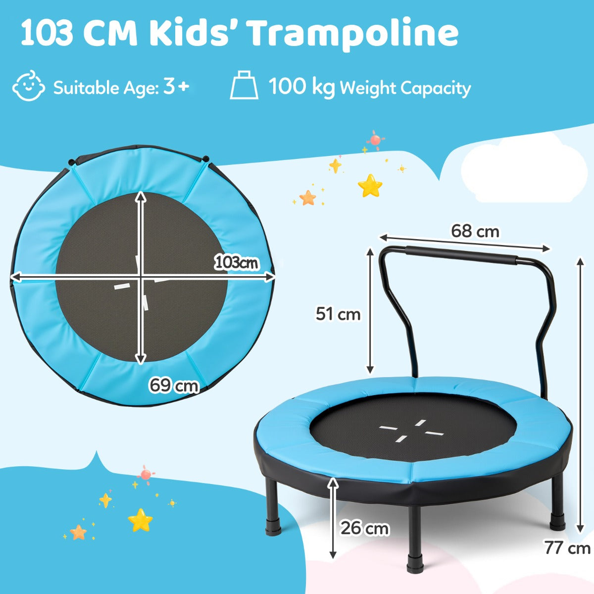Trampoline for Kids Indoor Outdoor Fitness Trampoline with Handlebar-Blue