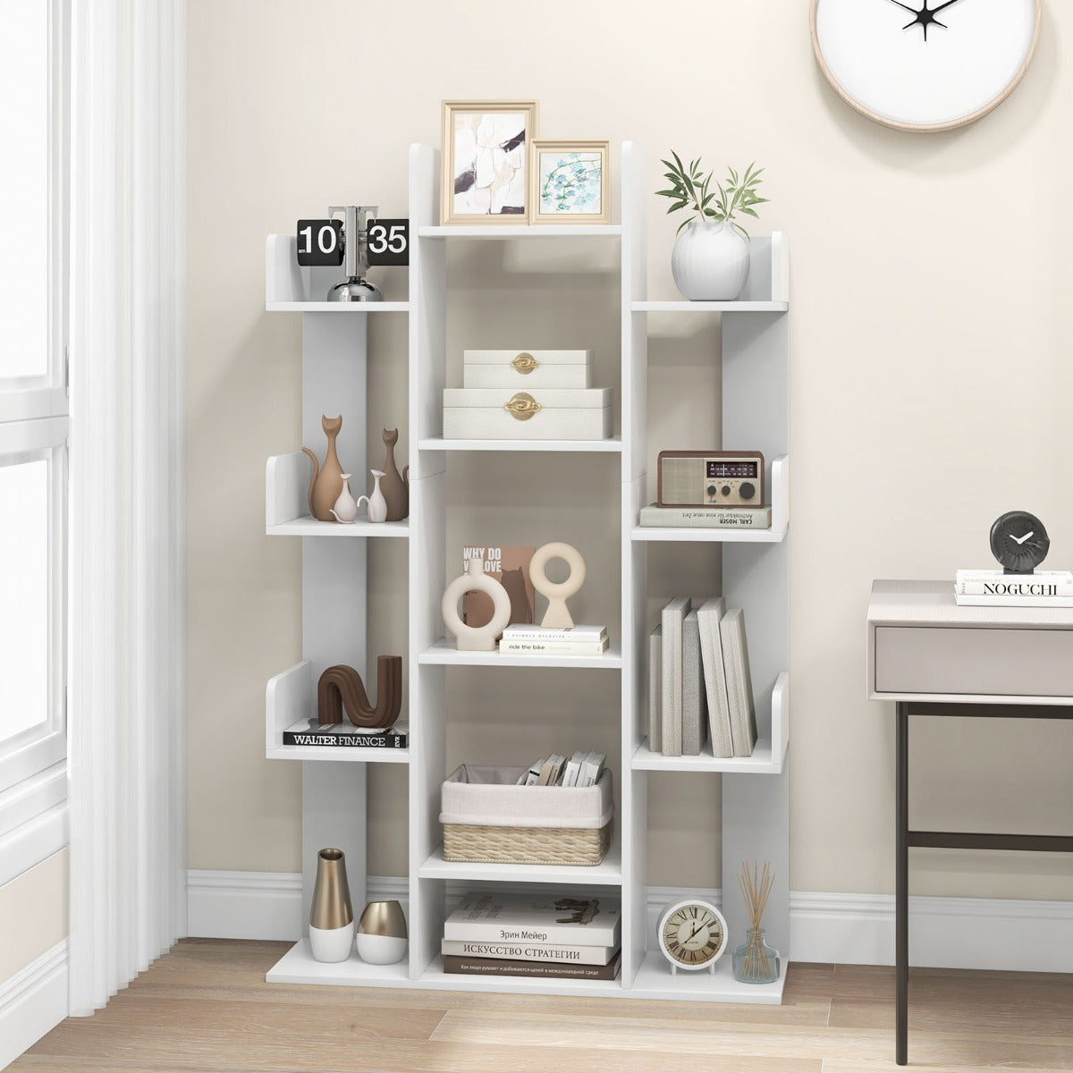 Tree Bookshelf Corner Books Storage Organizer with 13 Open Shelves-White