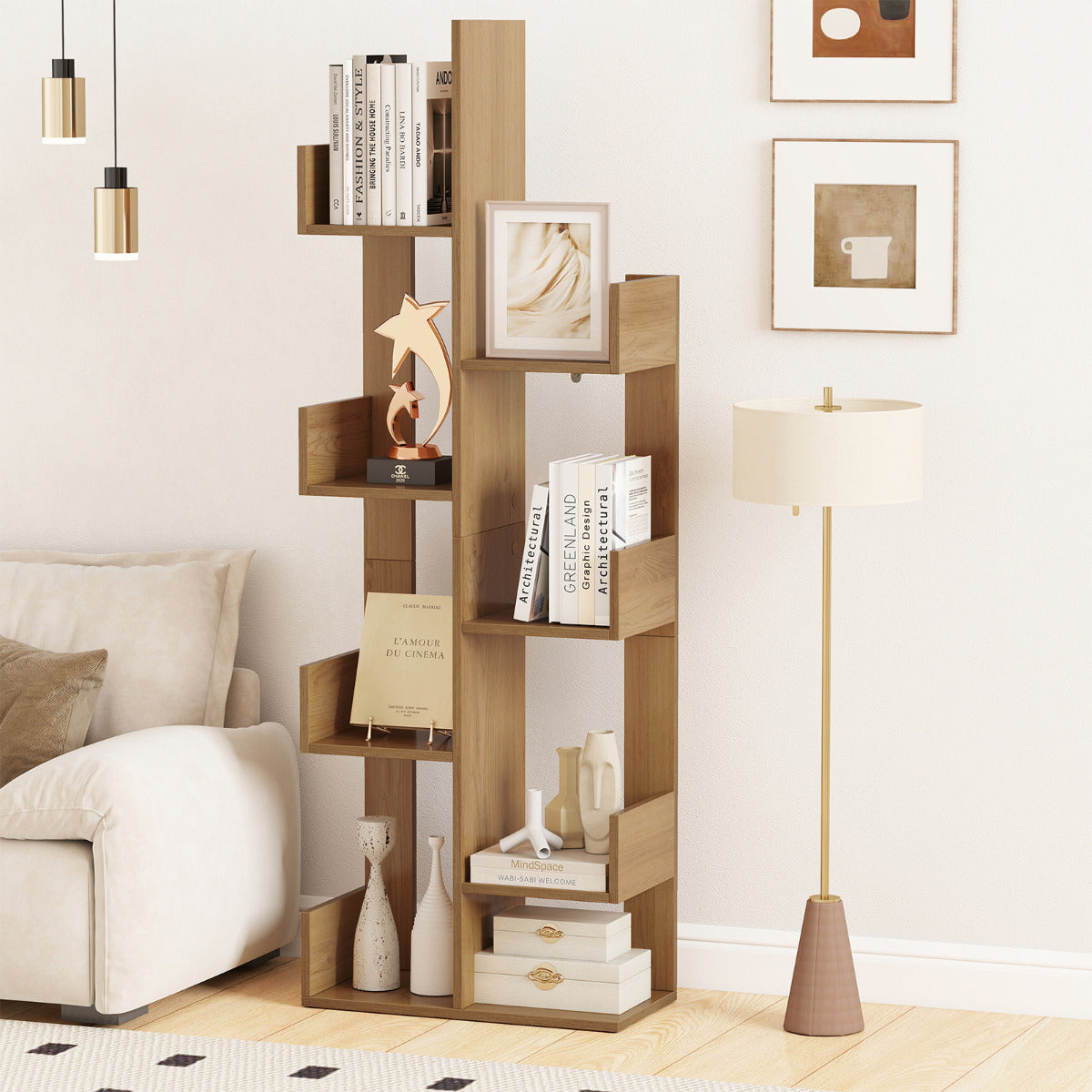 Tree-Shaped Bookshelf with 8 Storage Shelves-Natural