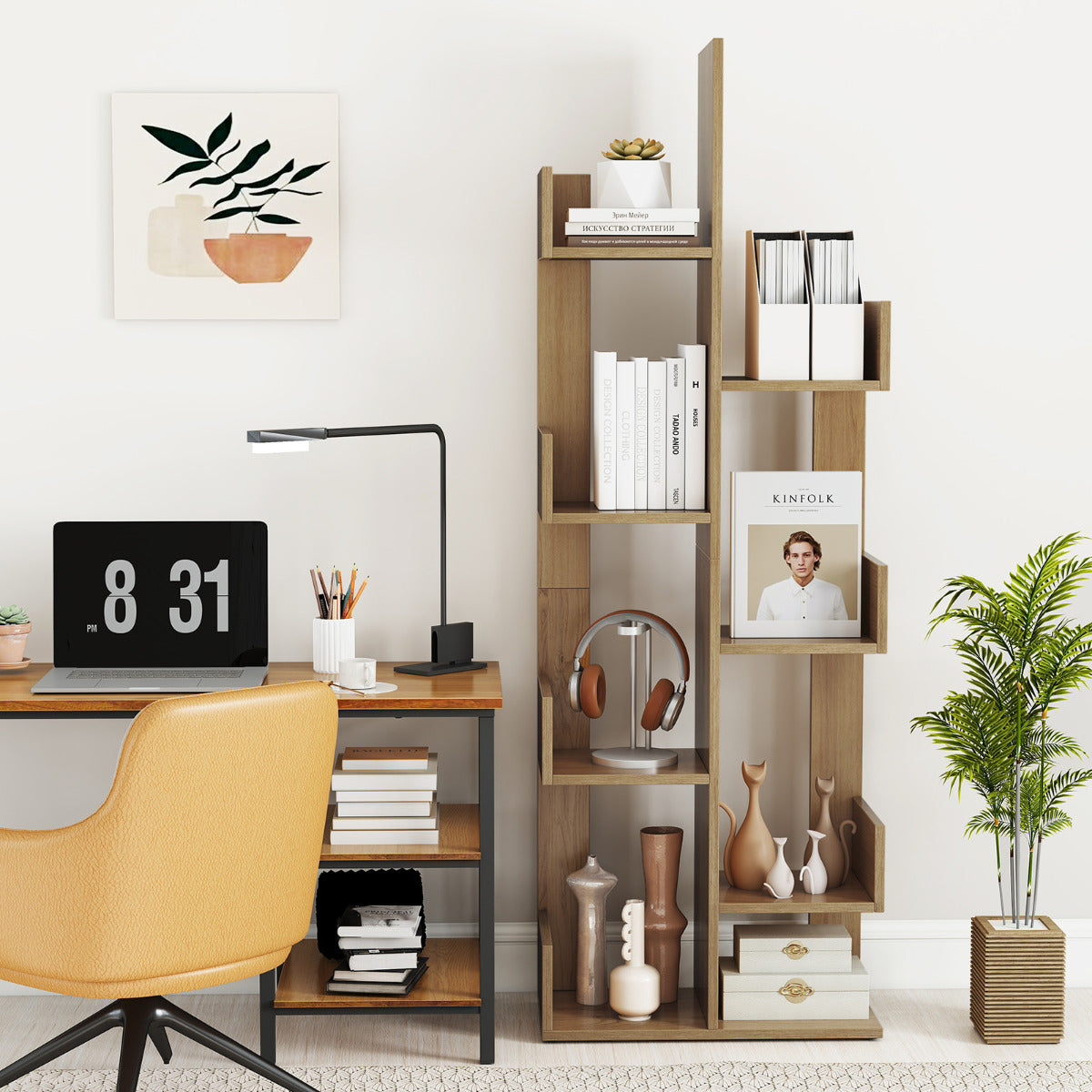 Tree-Shaped Bookshelf with 8 Storage Shelves-Natural